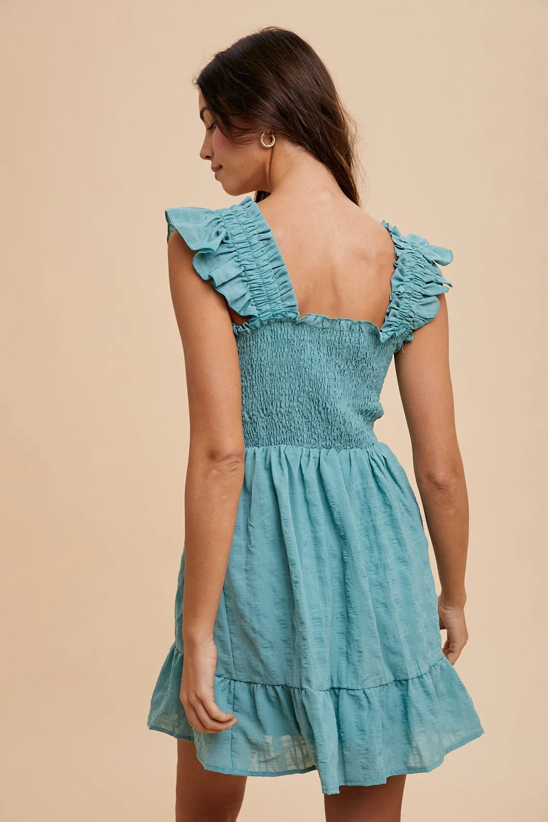 Dark Mint Textured Frill Detail Smocked Bodice Mini Dress sold by Pinkblush product image thumbnail 2