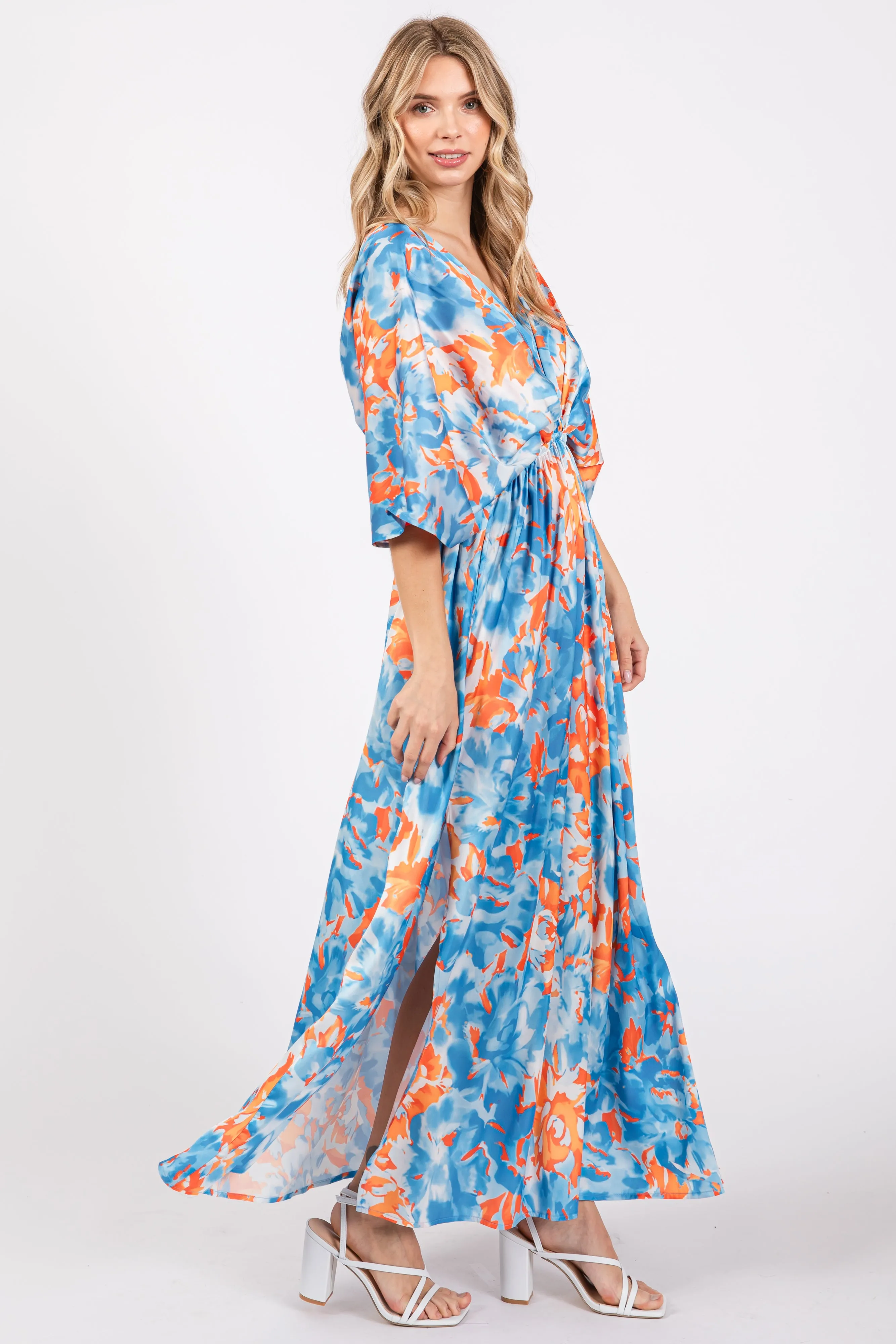 Blue Floral Satin V-Neck Maxi Dress sold by Pinkblush product image thumbnail 2