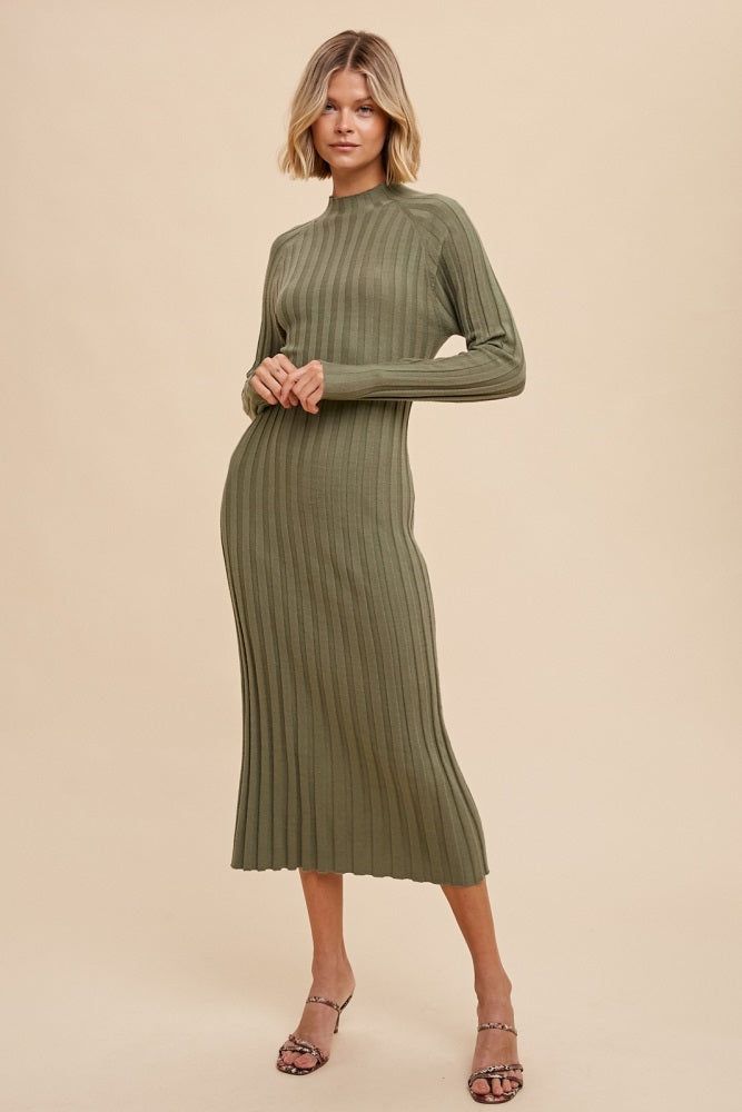 Olive Ribbed Turtle Neck Midi Dress sold by Pinkblush