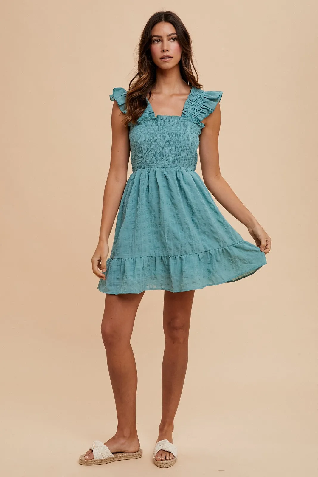 Dark Mint Textured Frill Detail Smocked Bodice Mini Dress sold by Pinkblush product image thumbnail 3