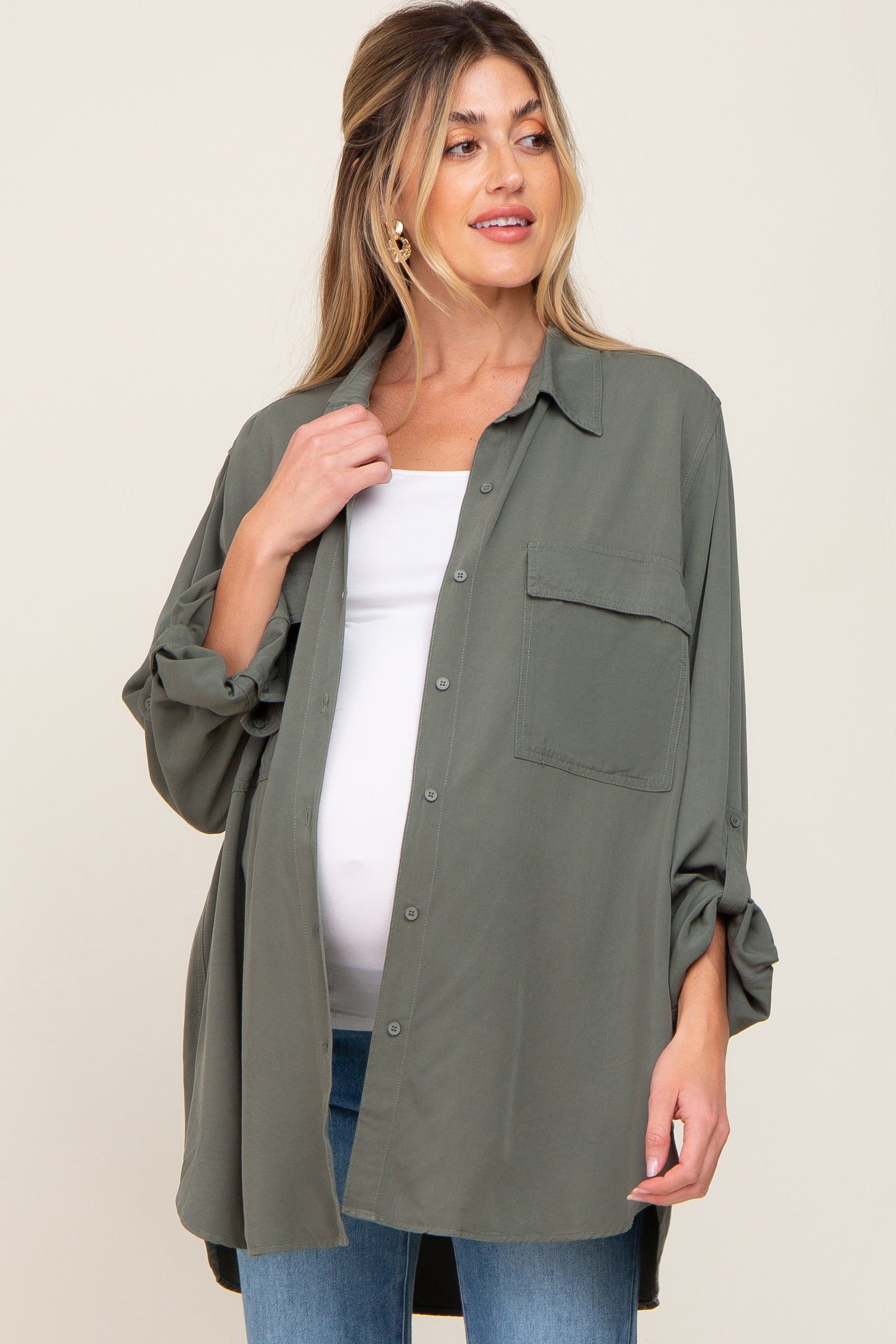 Olive Oversized Maternity Button Down Blouse sold by Pinkblush