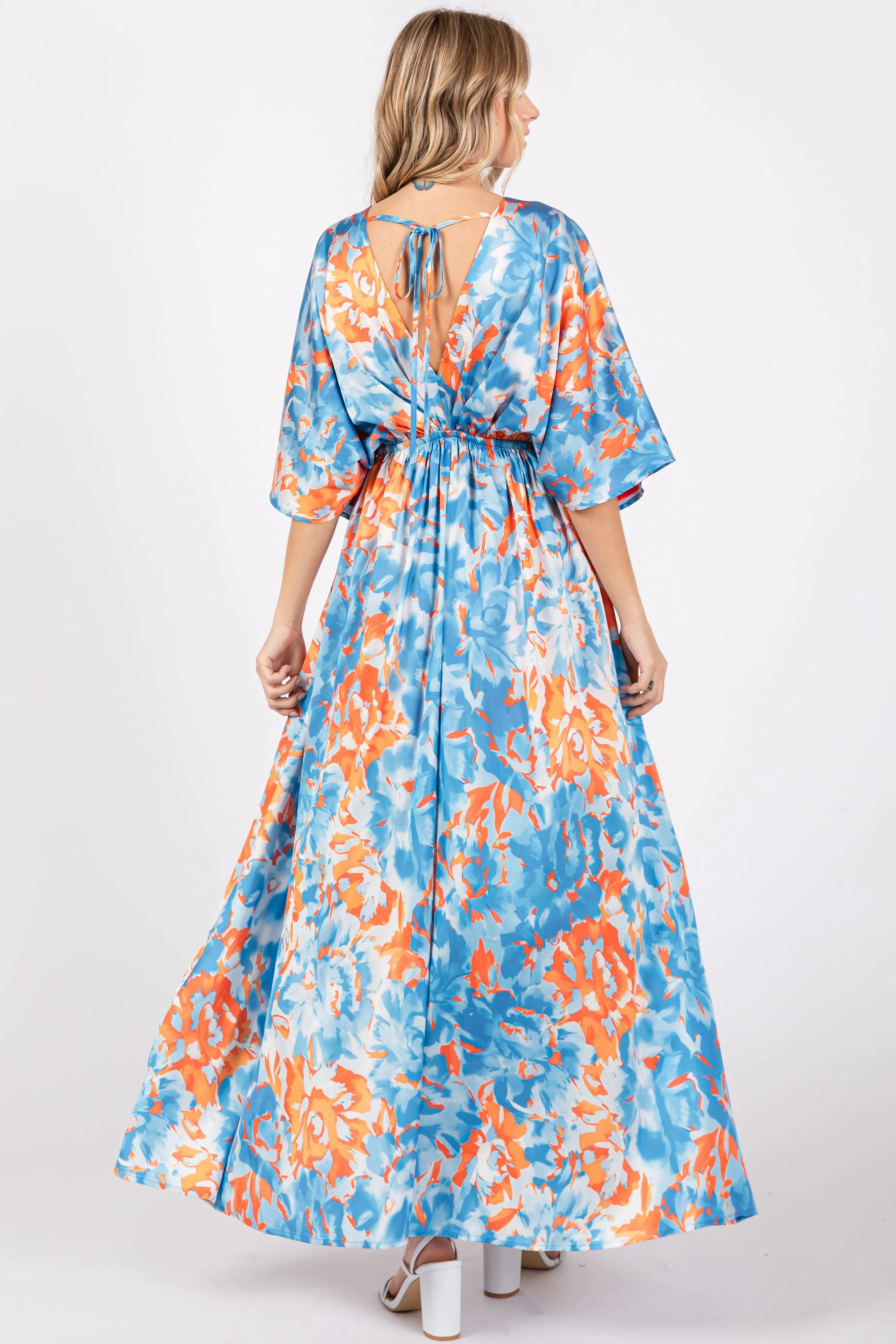 Blue Floral Satin V-Neck Maxi Dress sold by Pinkblush product image thumbnail 3