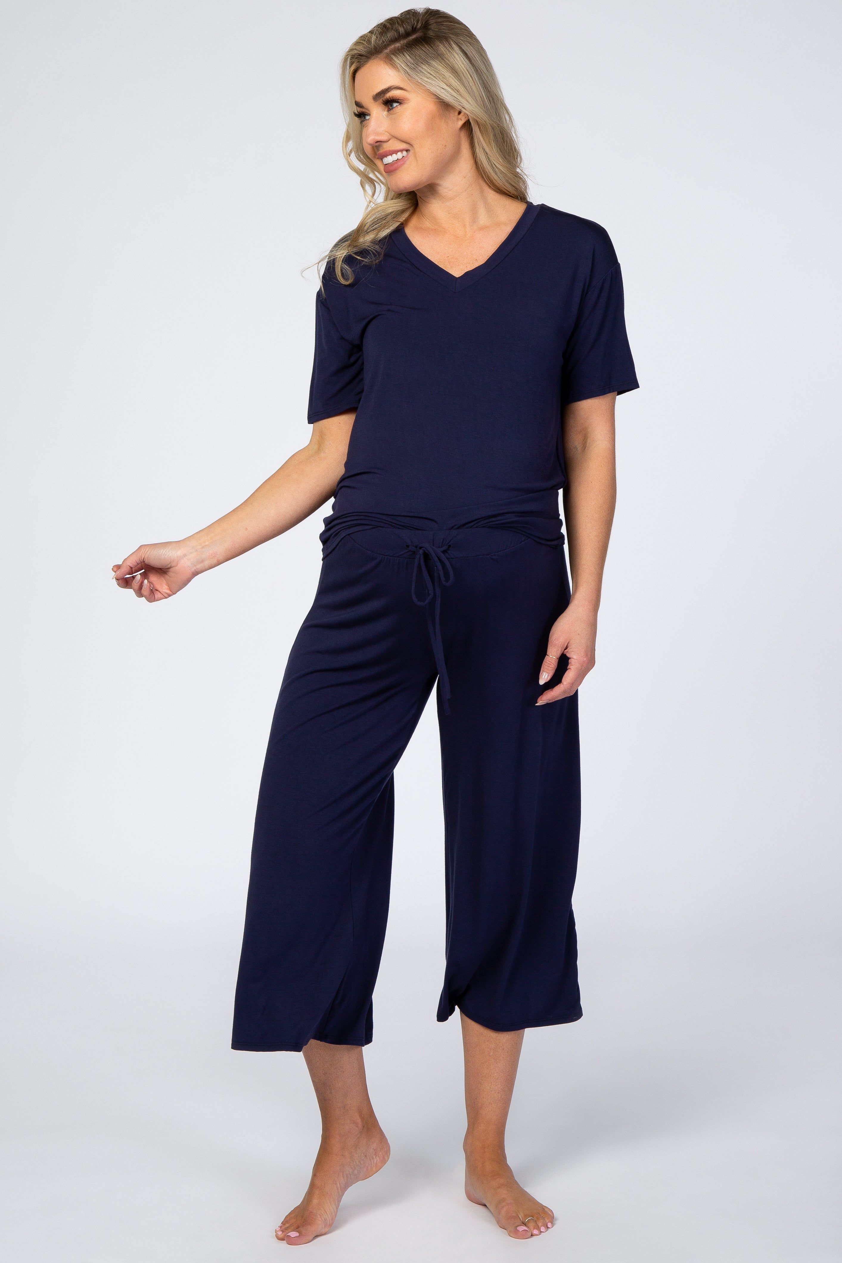 Navy V-Neck Maternity Sleep Set sold by Pinkblush product image thumbnail 4