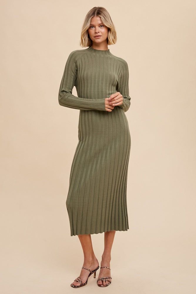 Olive Ribbed Turtle Neck Midi Dress sold by Pinkblush product image thumbnail 2