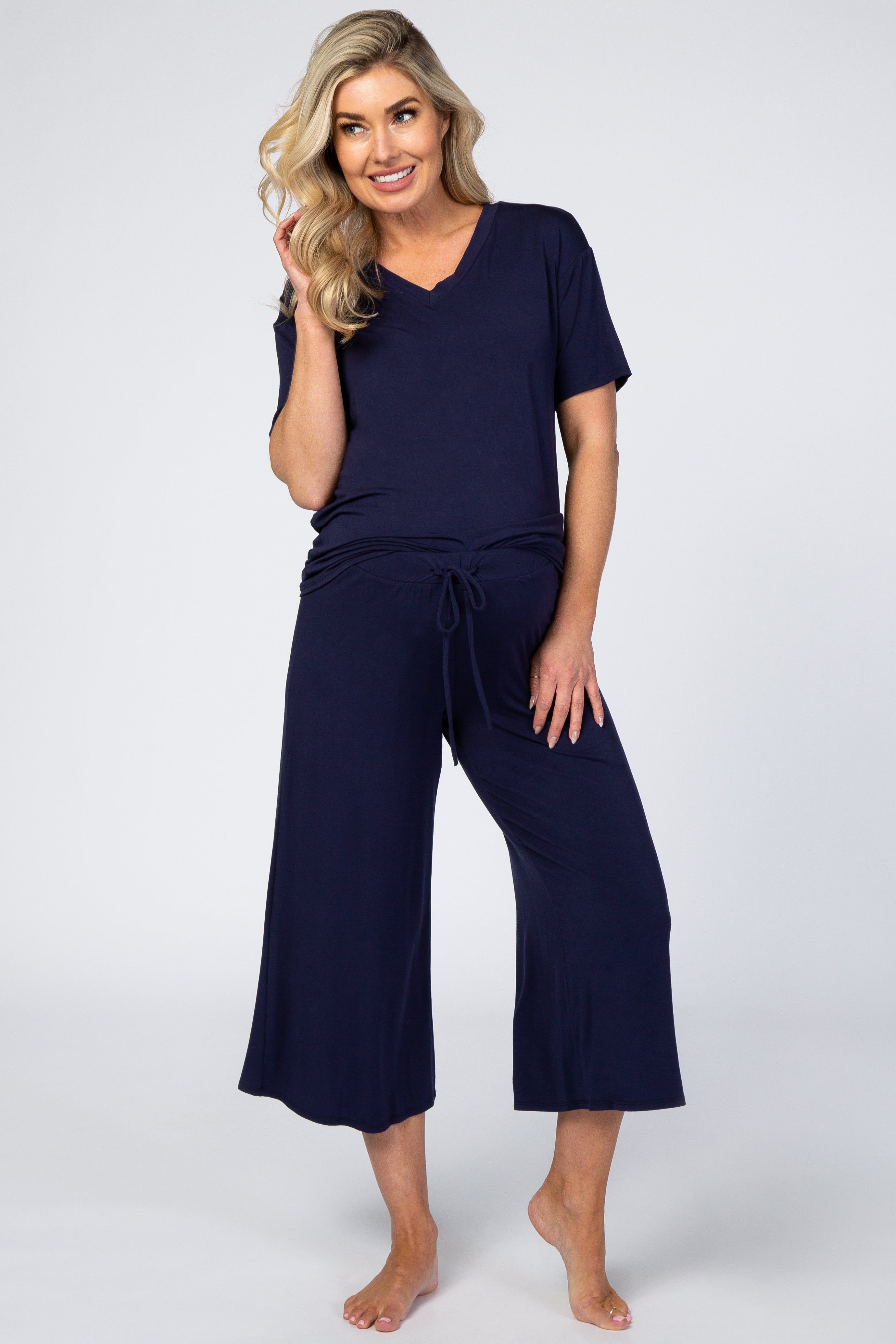 Navy V-Neck Maternity Sleep Set sold by Pinkblush