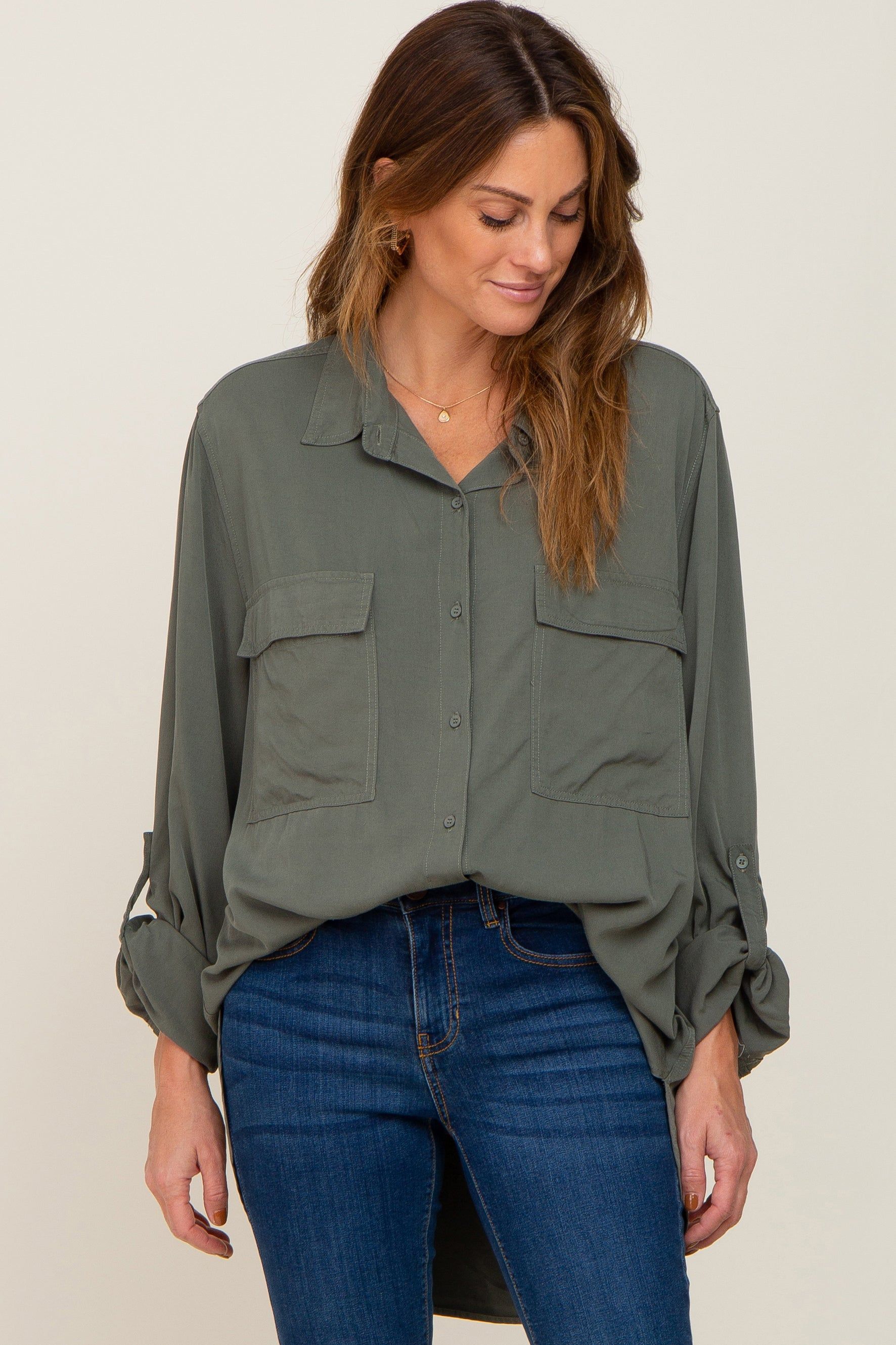 Olive Oversized Maternity Button Down Blouse sold by Pinkblush product image thumbnail 5