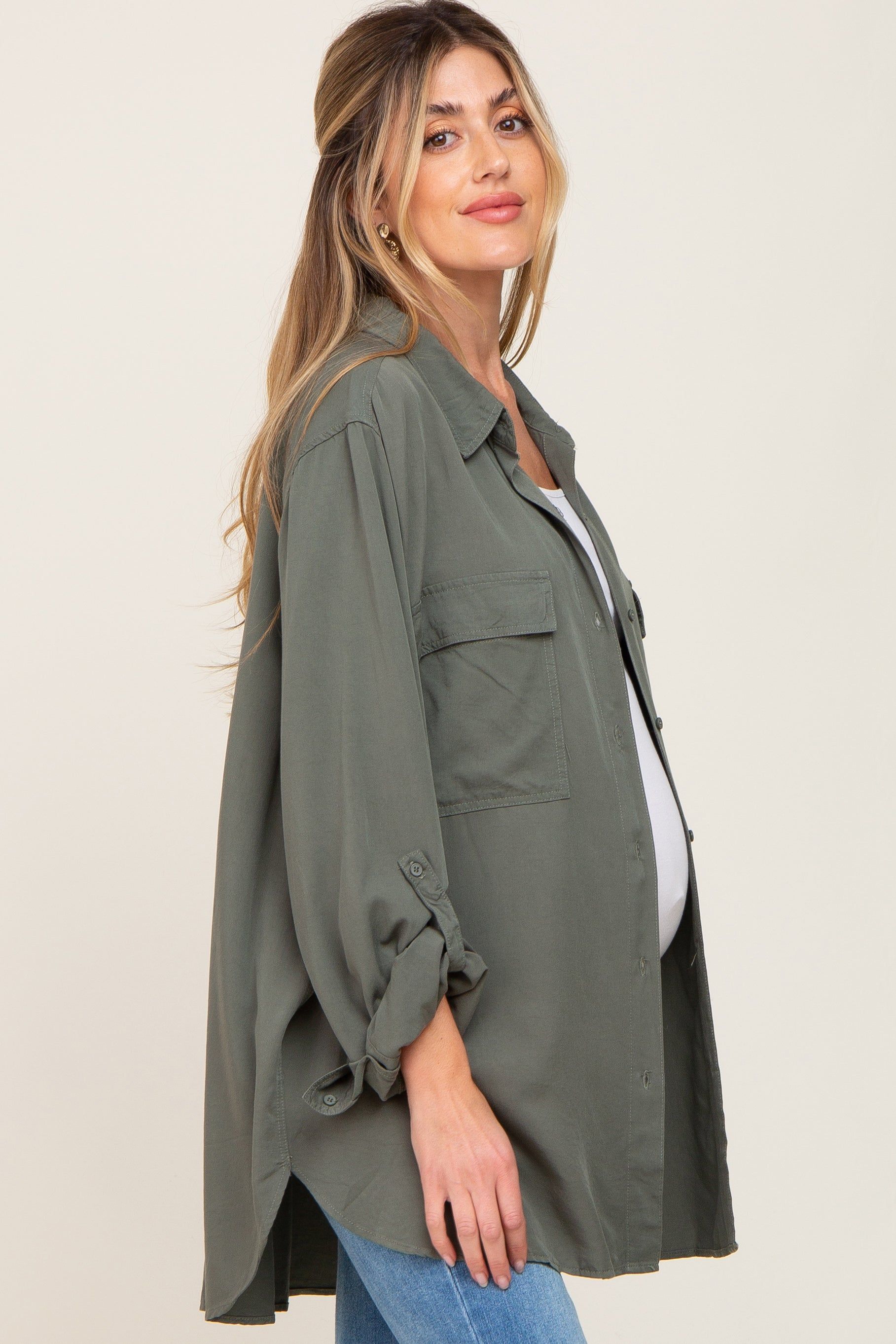Olive Oversized Maternity Button Down Blouse sold by Pinkblush product image thumbnail 2