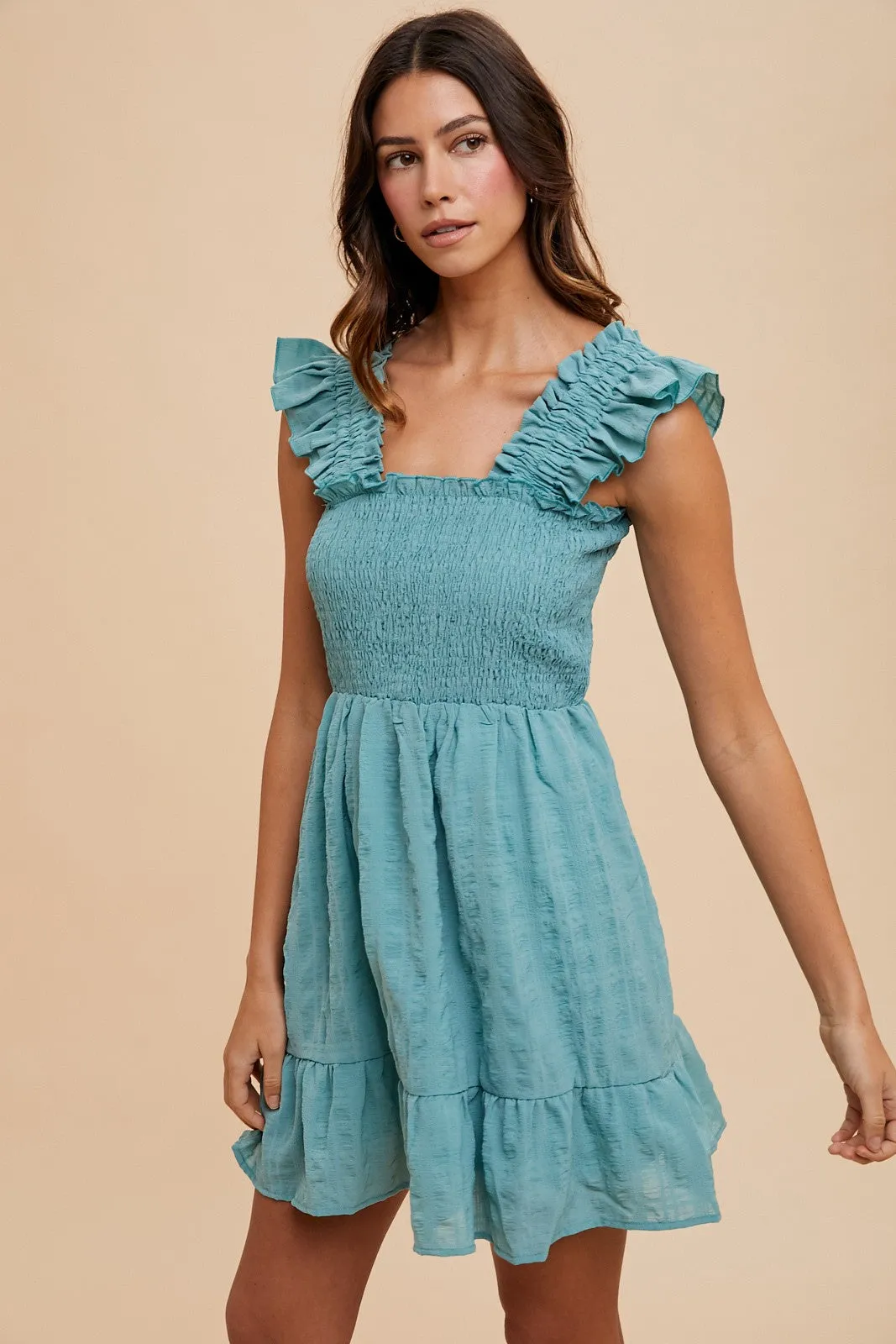 Dark Mint Textured Frill Detail Smocked Bodice Mini Dress sold by Pinkblush