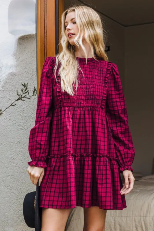 Berry Plaid Babydoll Mini Dress sold by Pinkblush