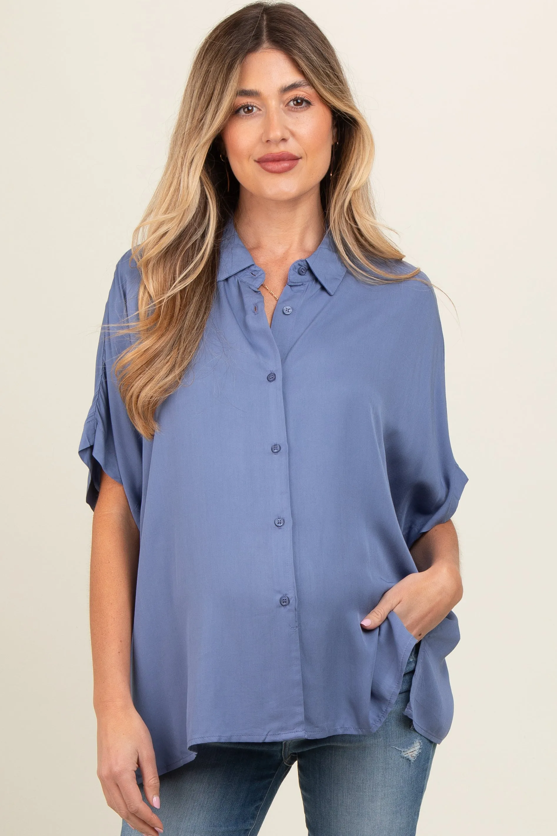 Blue Dolman Sleeve Button Down Maternity Blouse sold by Pinkblush