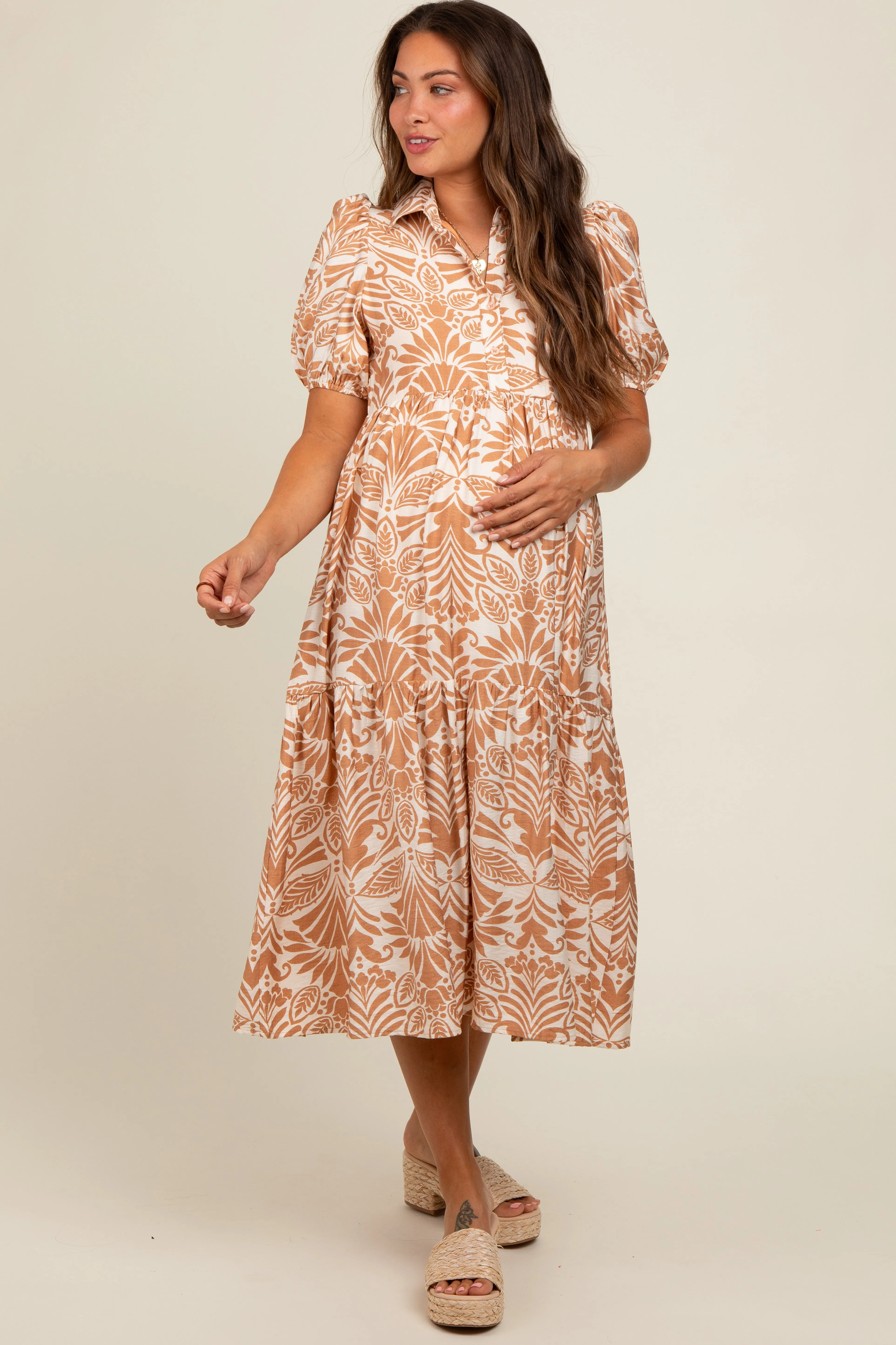 Camel Damask Print Button Down Maternity Midi Dress sold by Pinkblush product image thumbnail 2