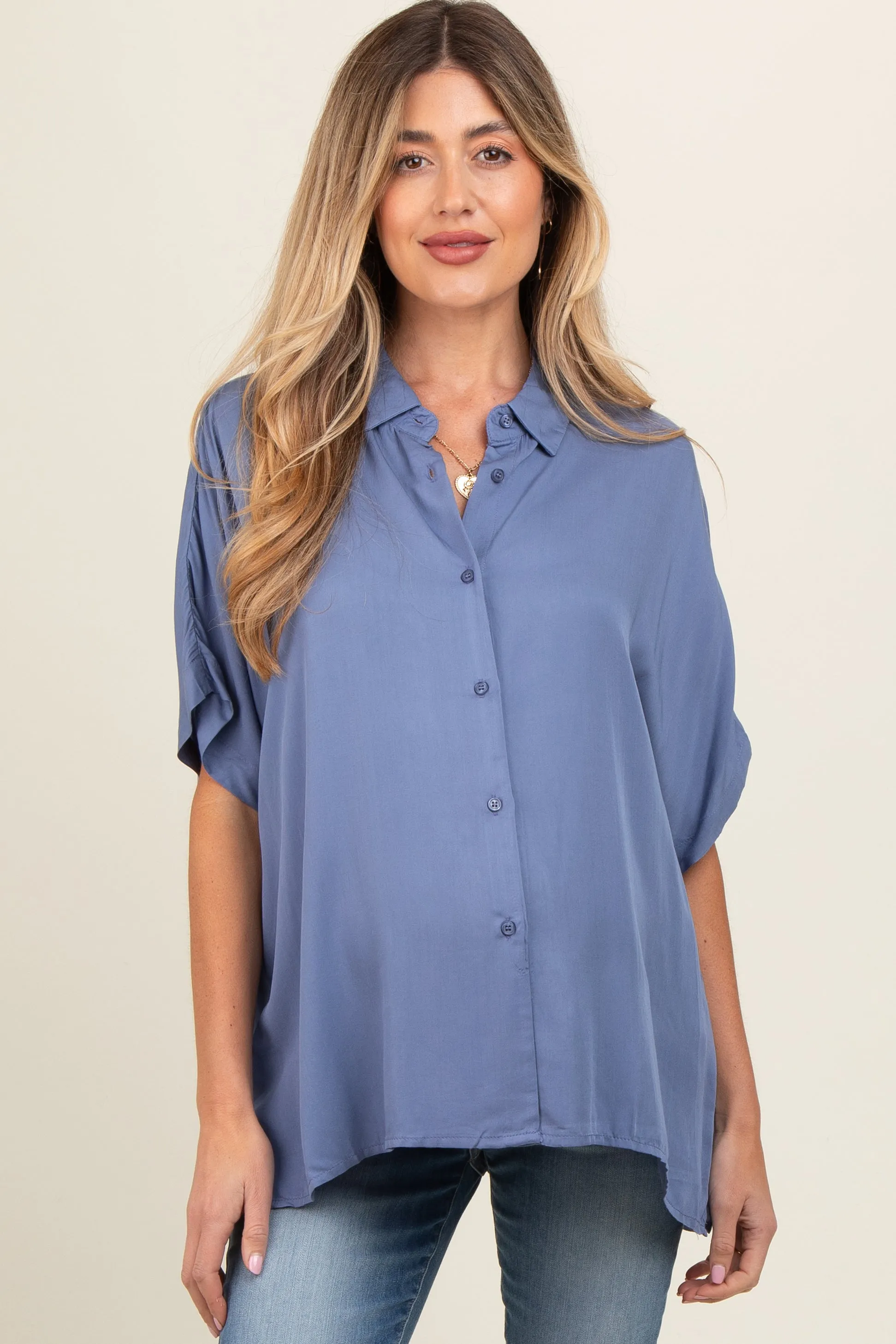 Blue Dolman Sleeve Button Down Maternity Blouse sold by Pinkblush product image thumbnail 2