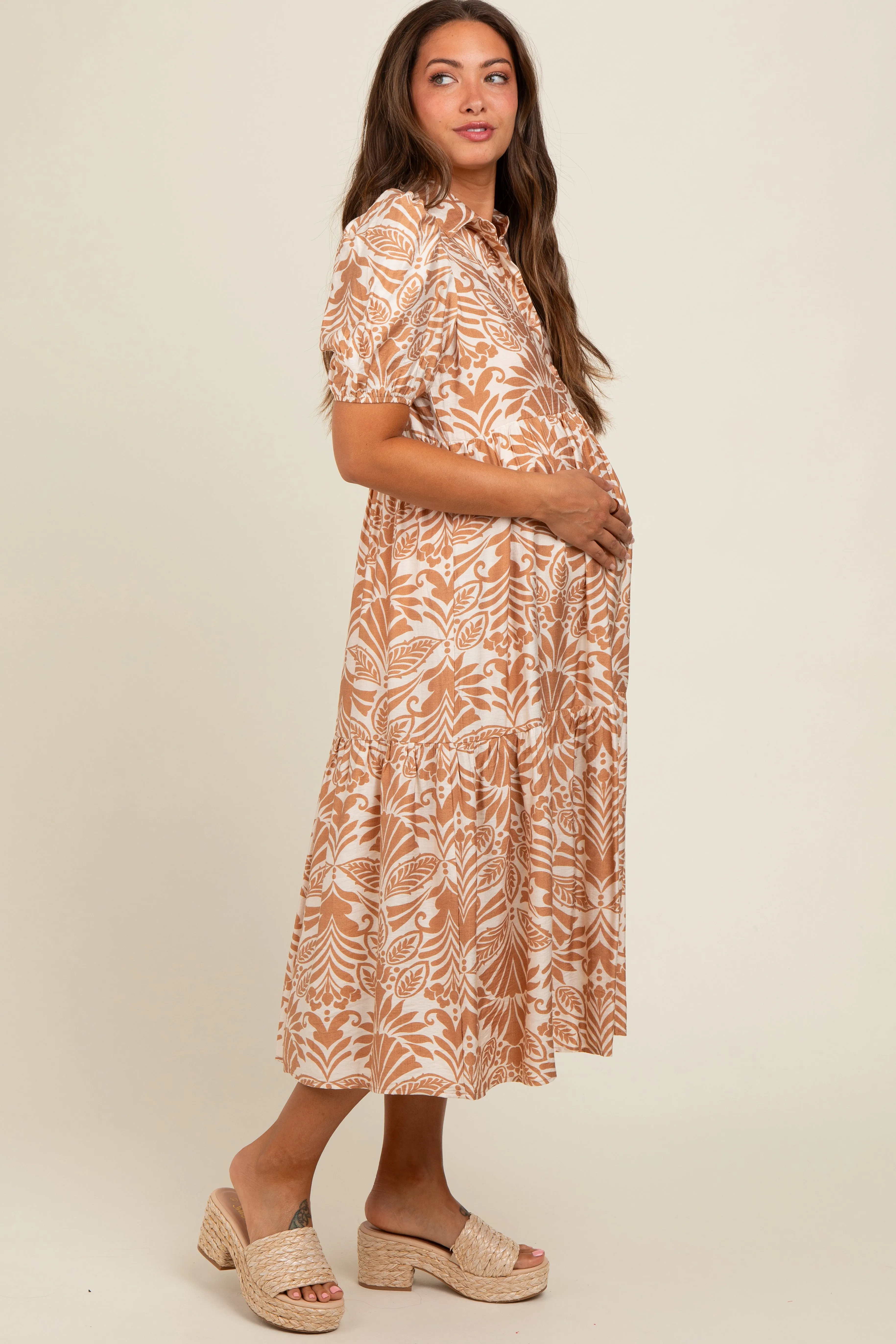 Camel Damask Print Button Down Maternity Midi Dress sold by Pinkblush product image thumbnail 3