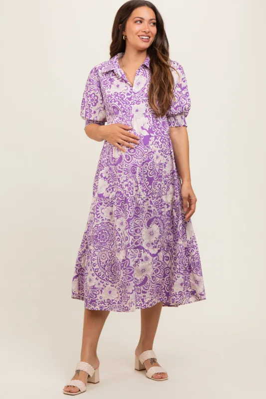 Lavender Floral Collared Tiered Maternity Midi Dress sold by Pinkblush