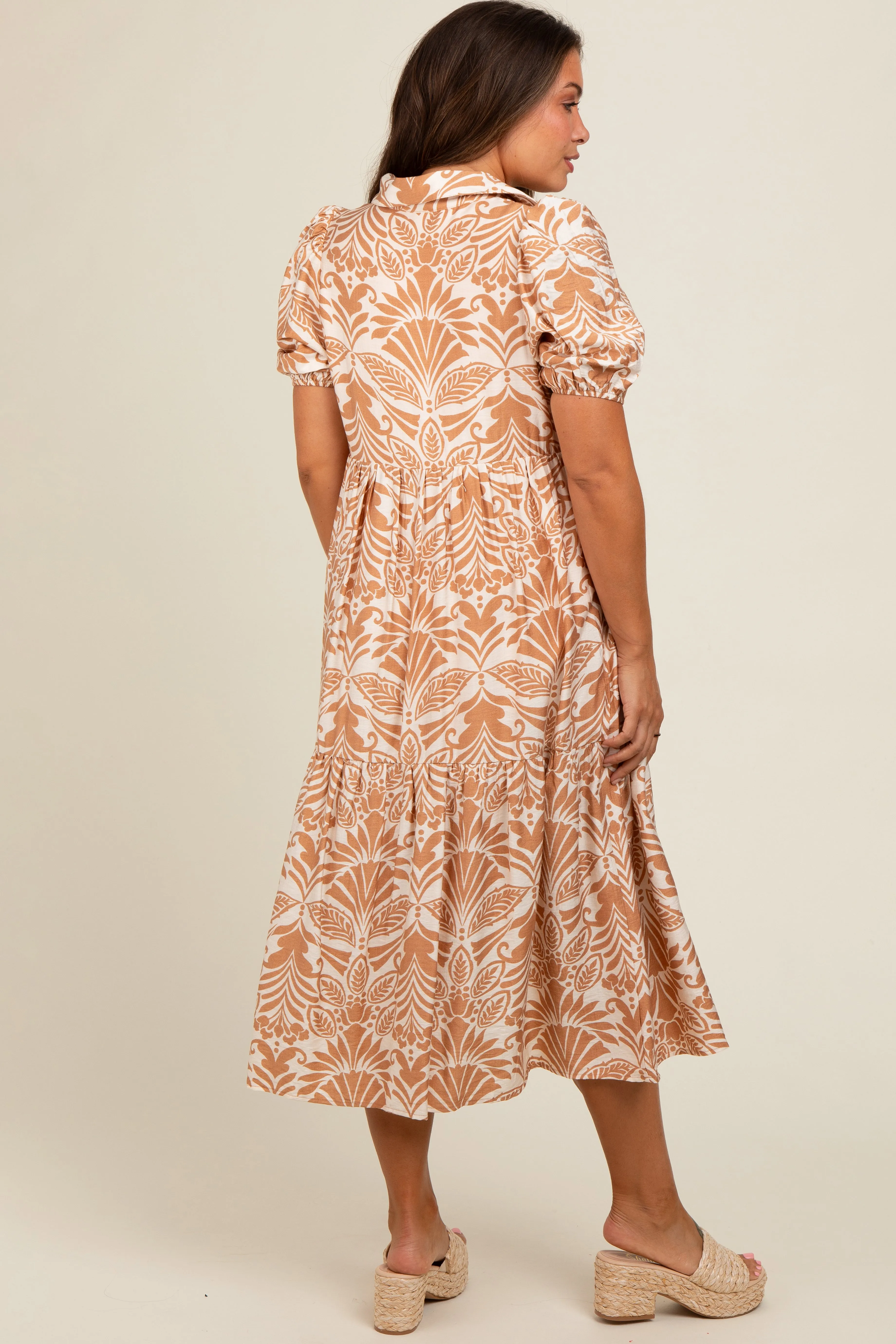 Camel Damask Print Button Down Maternity Midi Dress sold by Pinkblush product image thumbnail 4
