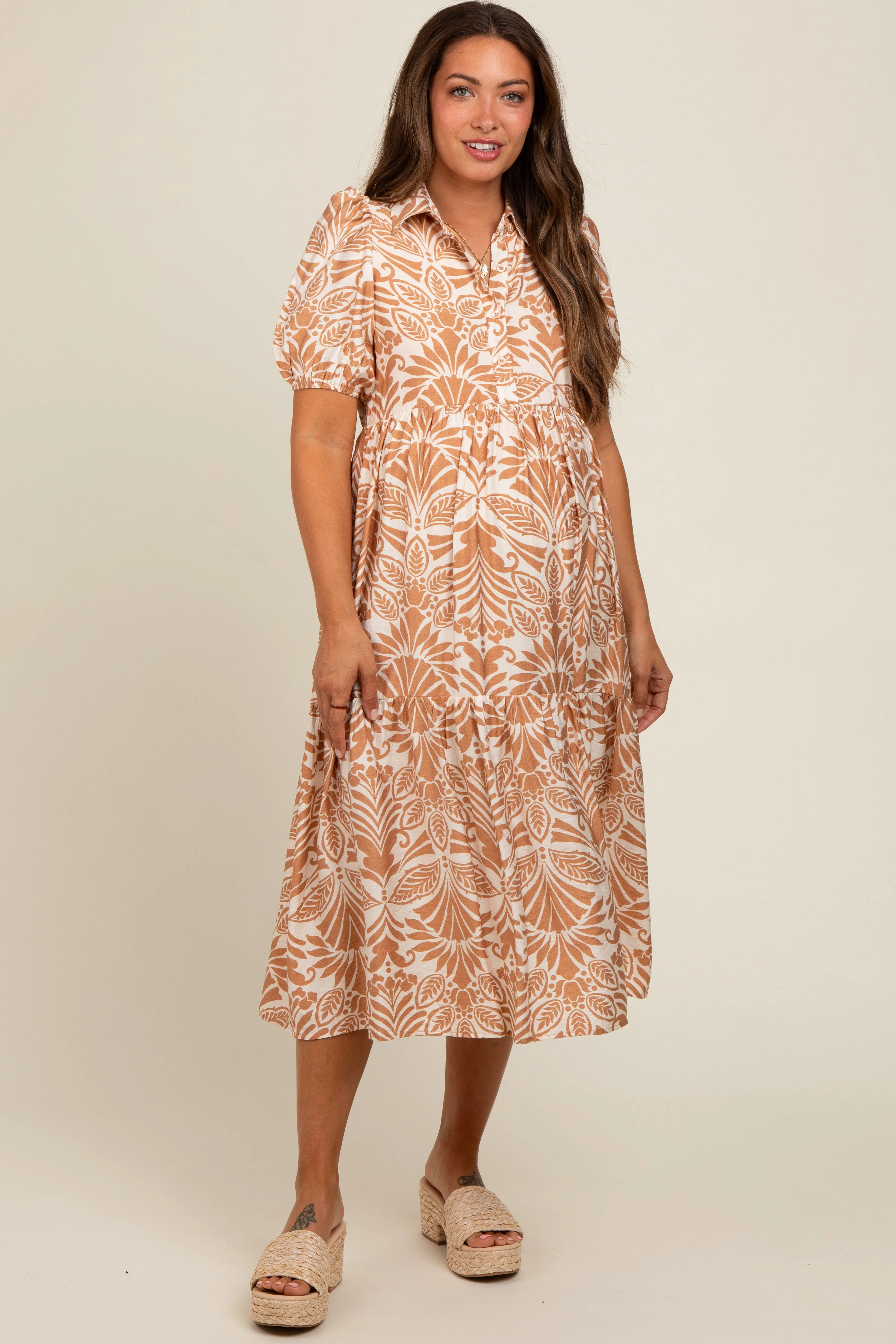 Camel Damask Print Button Down Maternity Midi Dress sold by Pinkblush