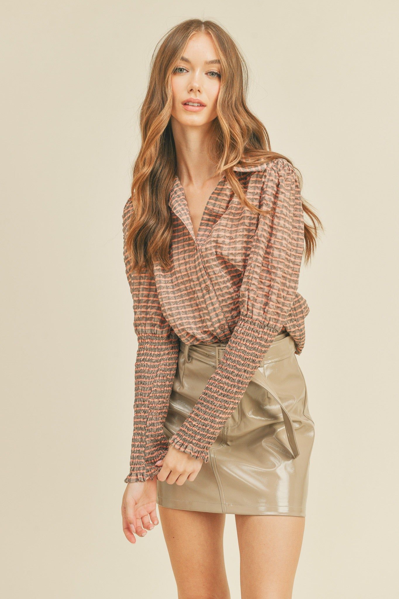 Coral Multi Button Down Blouse With Smocked Sleeves sold by Pinkblush product image thumbnail 2