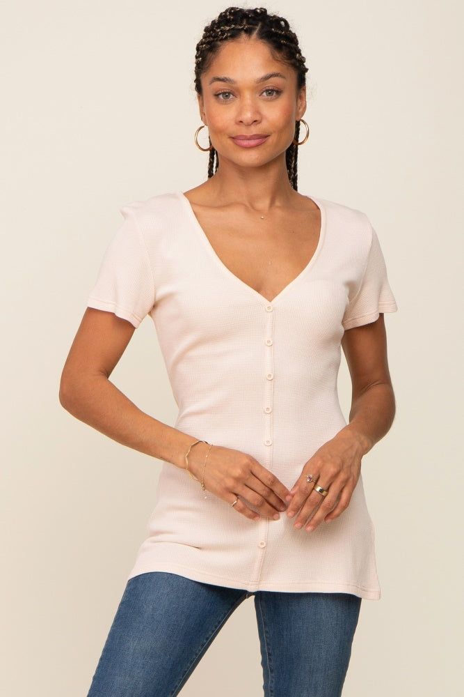 Beige Waffle Knit Front Button Accent Top sold by Pinkblush