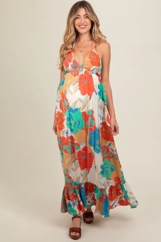Cream Floral Smocked Halter Cutout Maternity Maxi Dress sold by Pinkblush