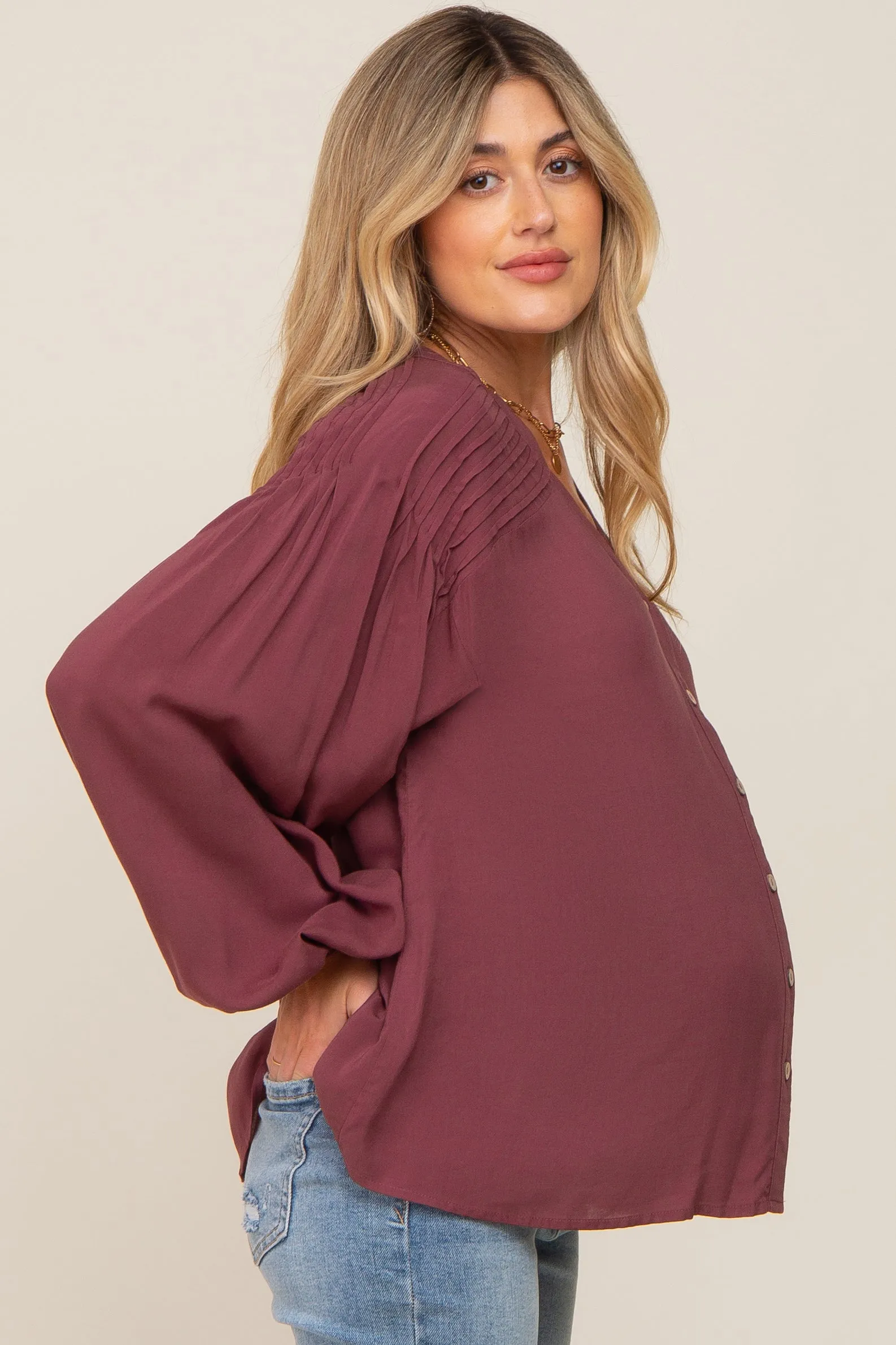 Burgundy Pleated Detail Maternity Blouse sold by Pinkblush product image thumbnail 2
