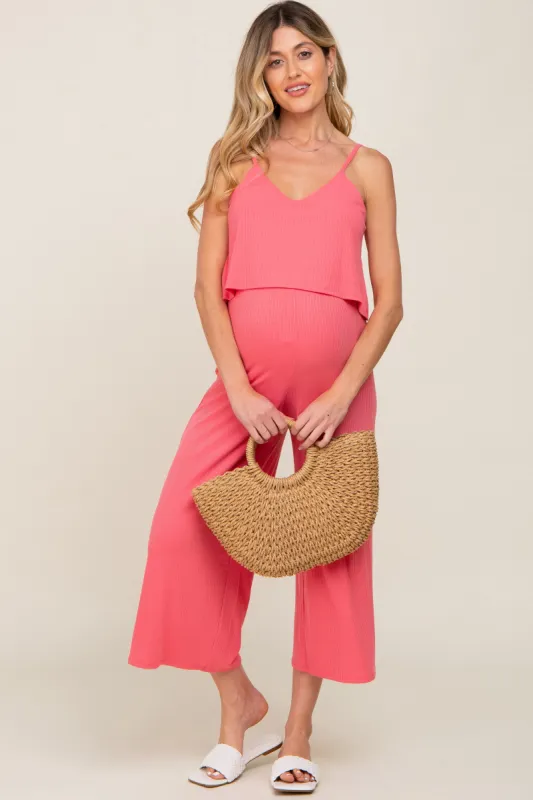 Pink Ribbed Double Layer Cropped Maternity Jumpsuit sold by Pinkblush