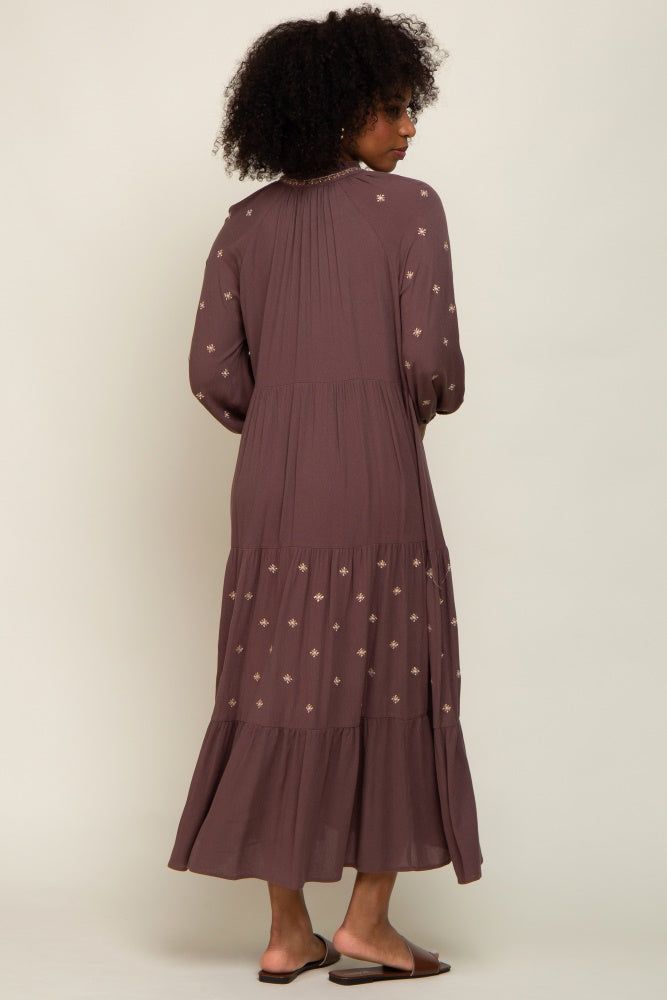 Brown Ruffle Mock Neck Embroidered Tiered Maxi Dress sold by Pinkblush product image thumbnail 3