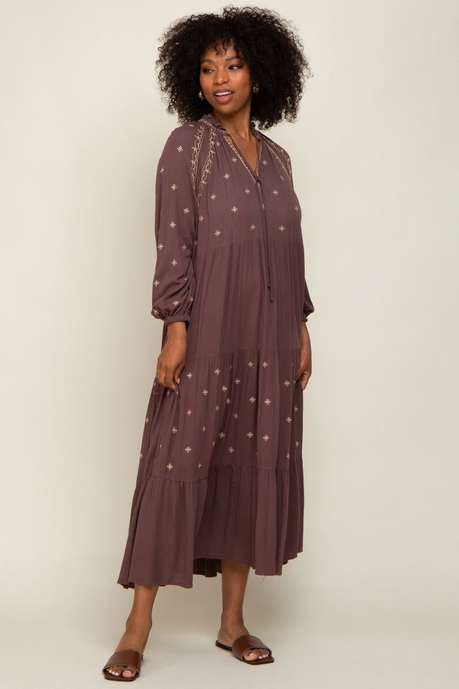 Brown Ruffle Mock Neck Embroidered Tiered Maxi Dress sold by Pinkblush product image thumbnail 4