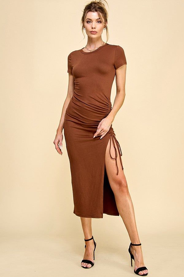 Chocolate Front Side Open Tie Ruching Maxi Dress sold by Pinkblush