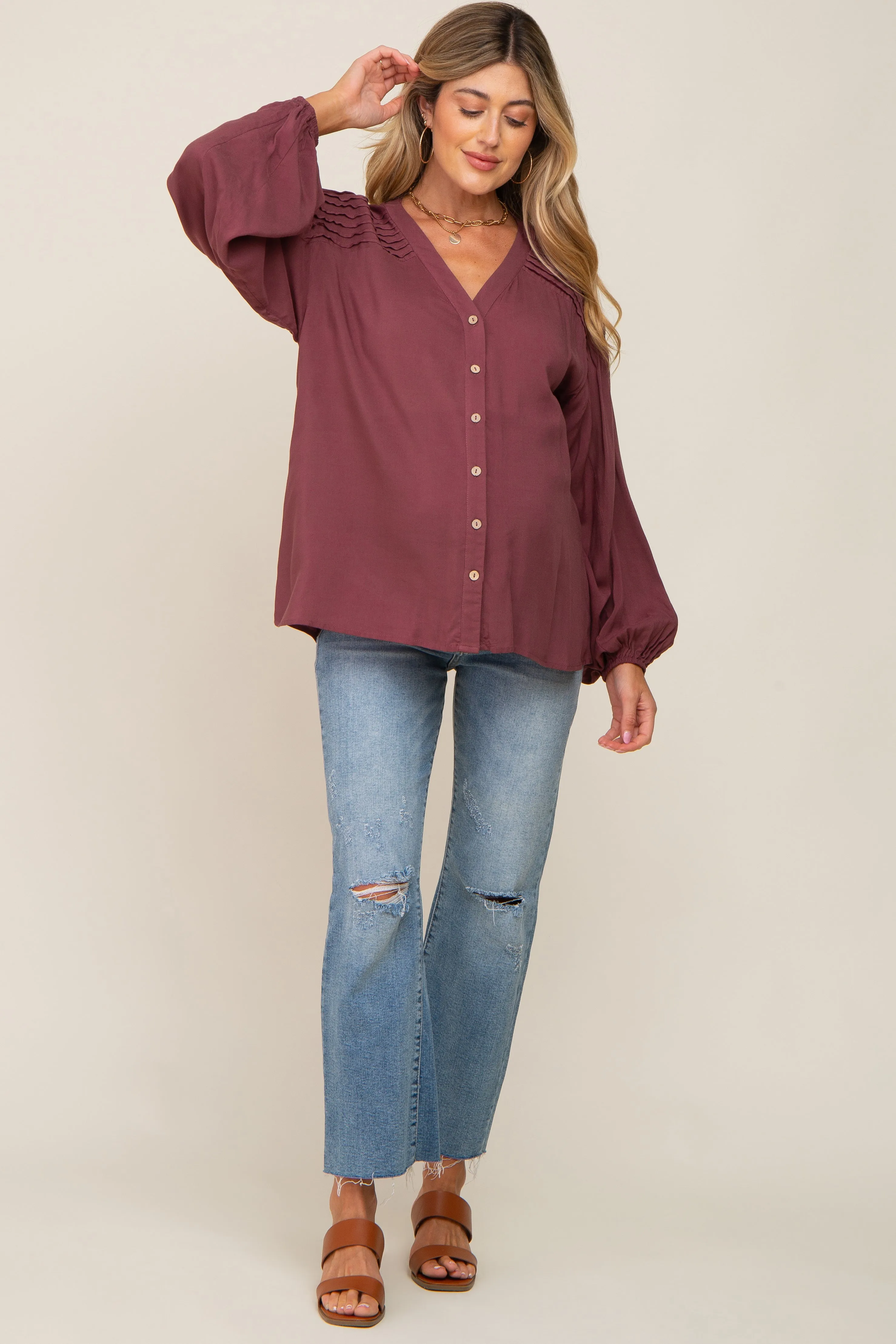 Burgundy Pleated Detail Maternity Blouse sold by Pinkblush product image thumbnail 4