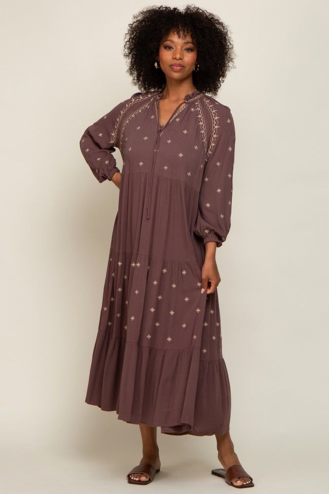 Brown Ruffle Mock Neck Embroidered Tiered Maxi Dress sold by Pinkblush product image thumbnail 5