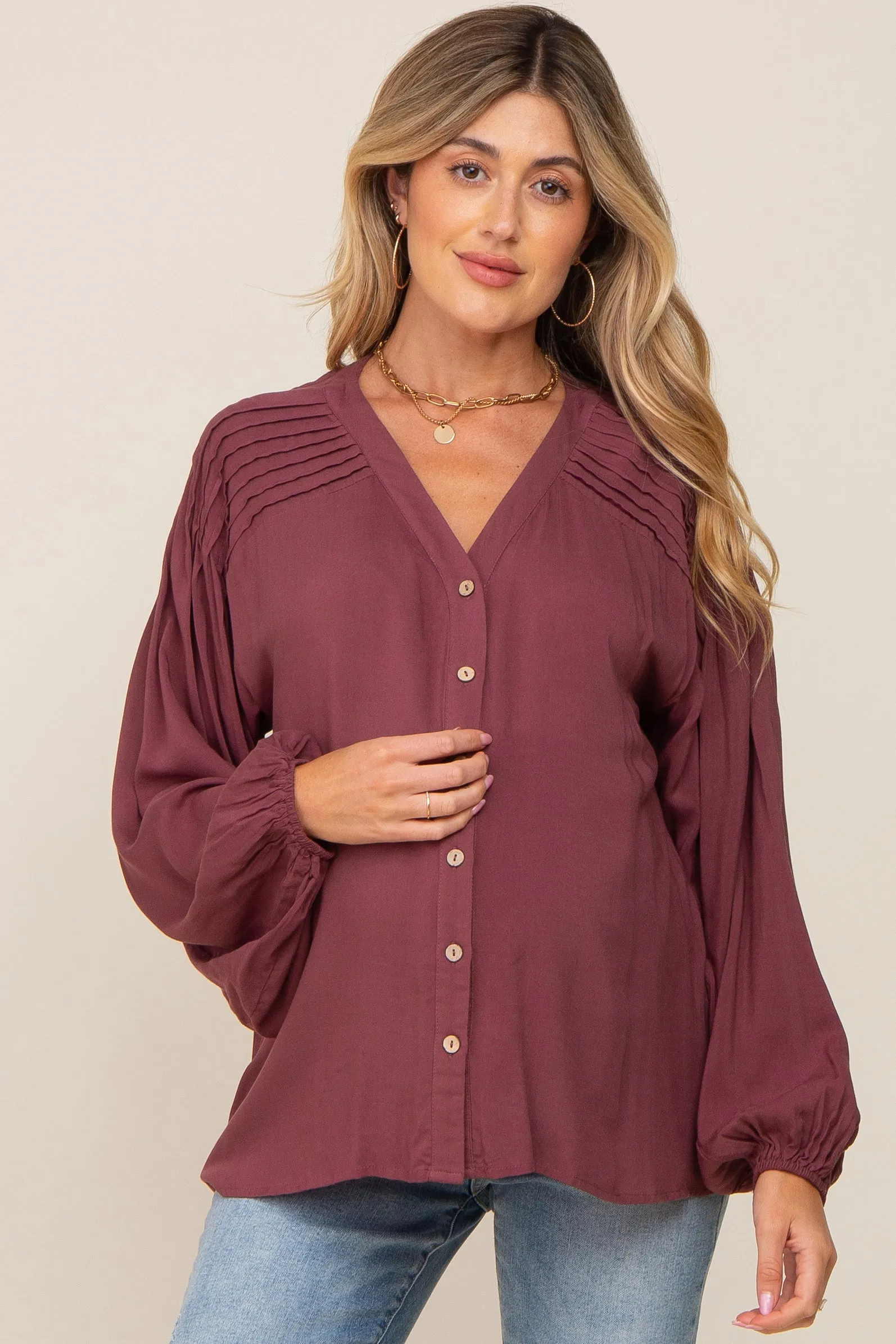 Burgundy Pleated Detail Maternity Blouse sold by Pinkblush