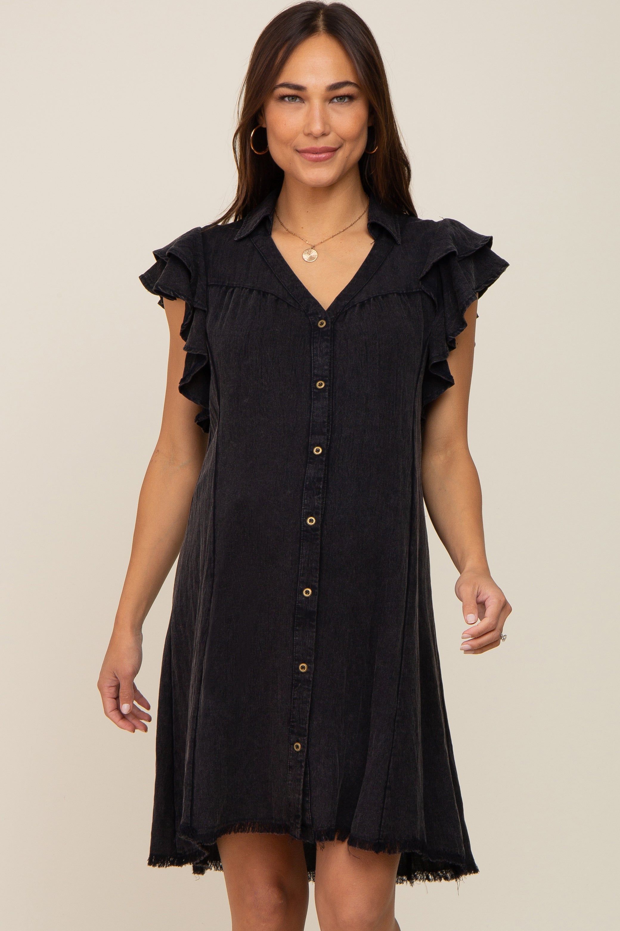 Black Chambray Ruffle Sleeve Button Up Maternity Dress sold by Pinkblush product image thumbnail 2