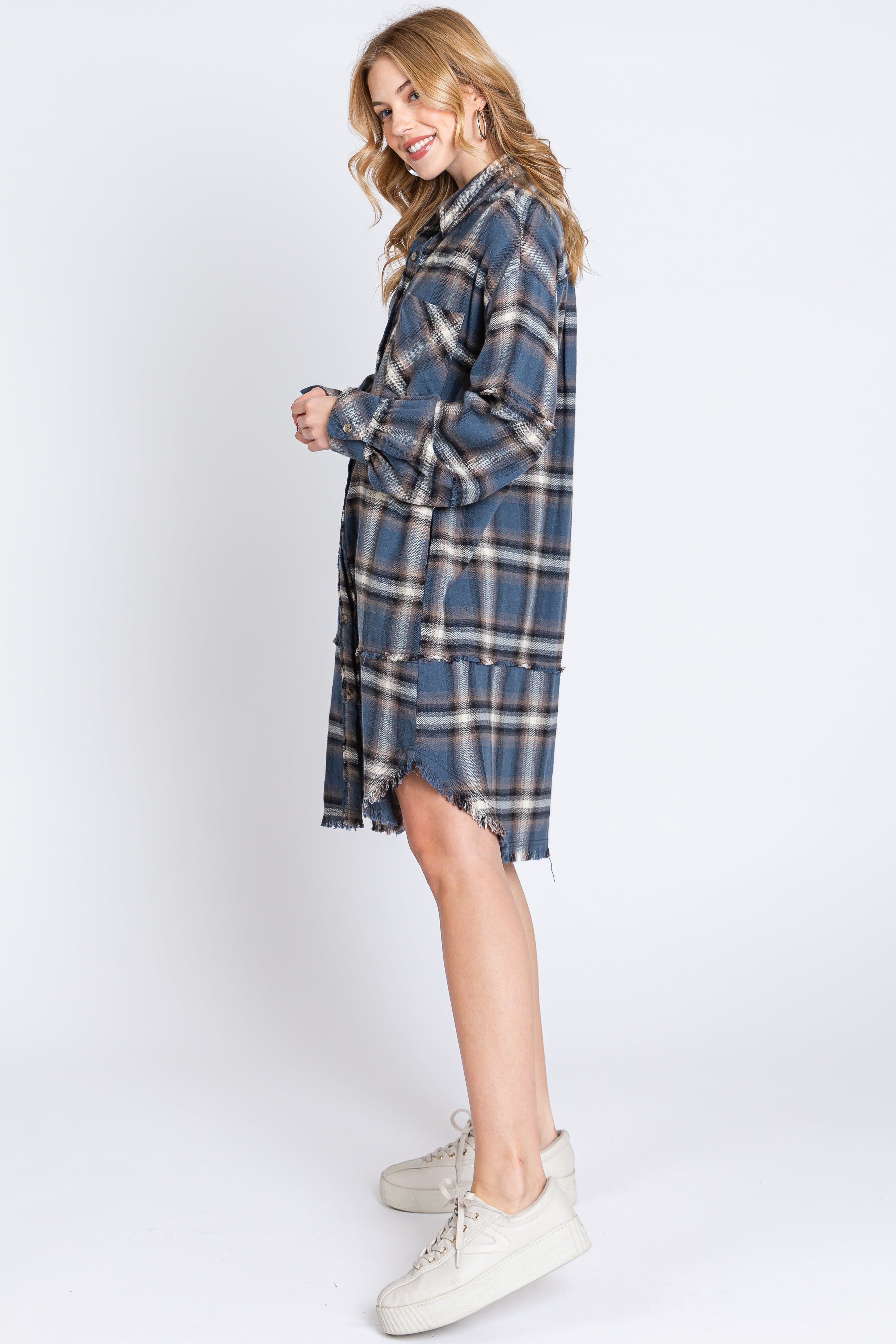 Blue Plaid Button Down Raw Hem Dress sold by Pinkblush product image thumbnail 2