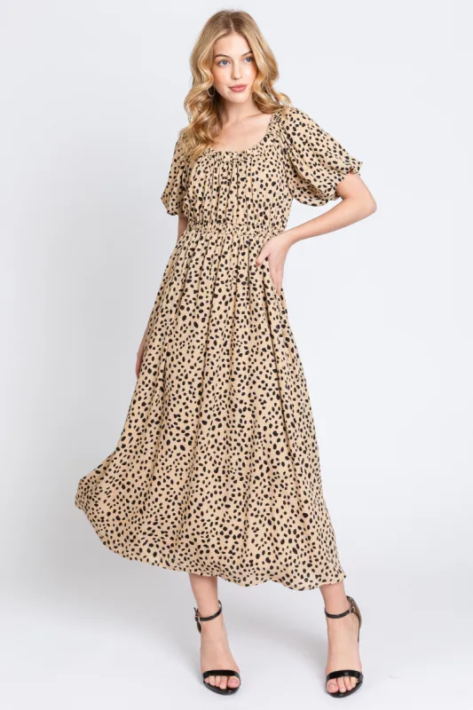 Taupe Printed Puff Short Sleeve Midi Dress sold by Pinkblush