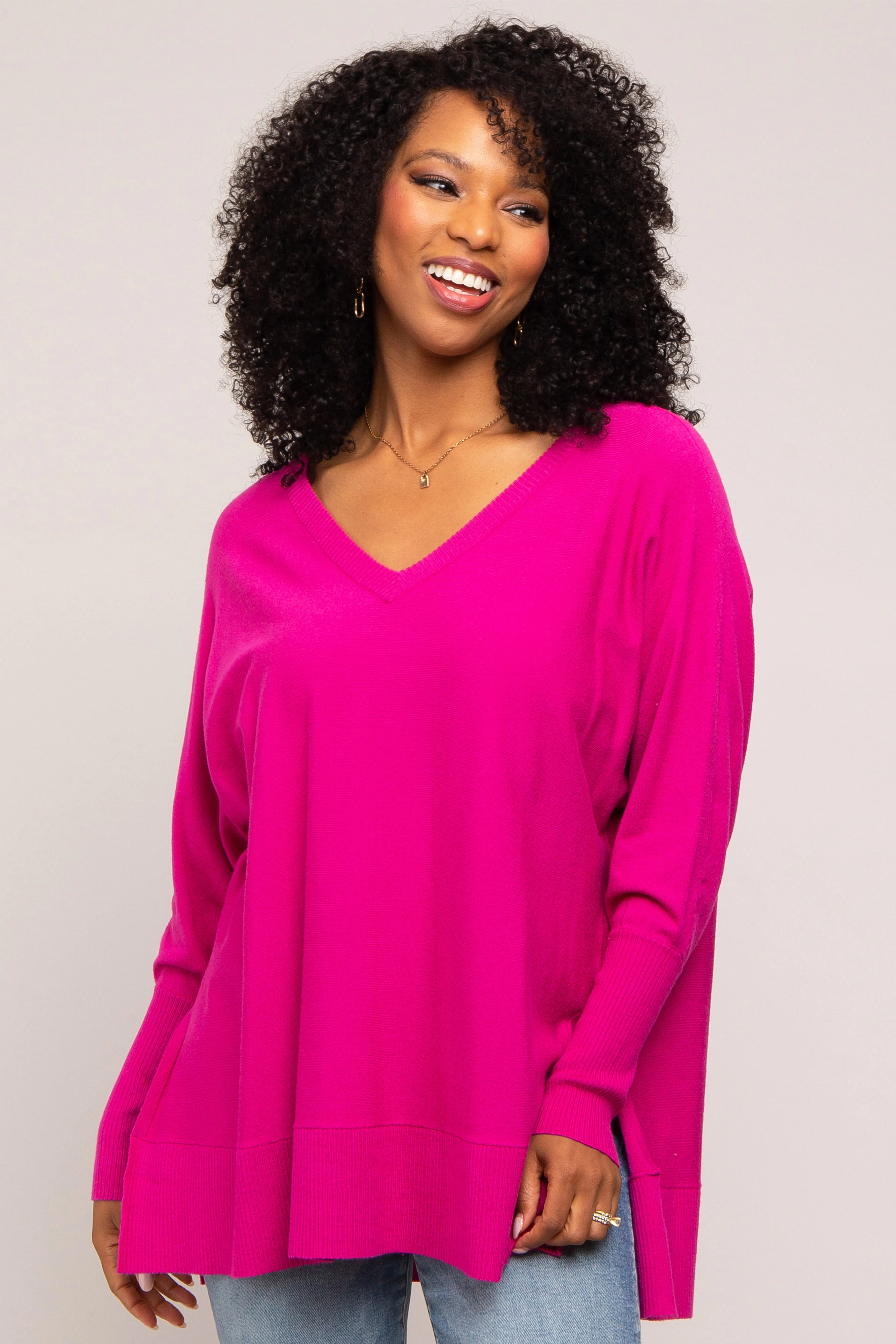 Fuchsia Knit Long Dolman Sleeve Top sold by Pinkblush