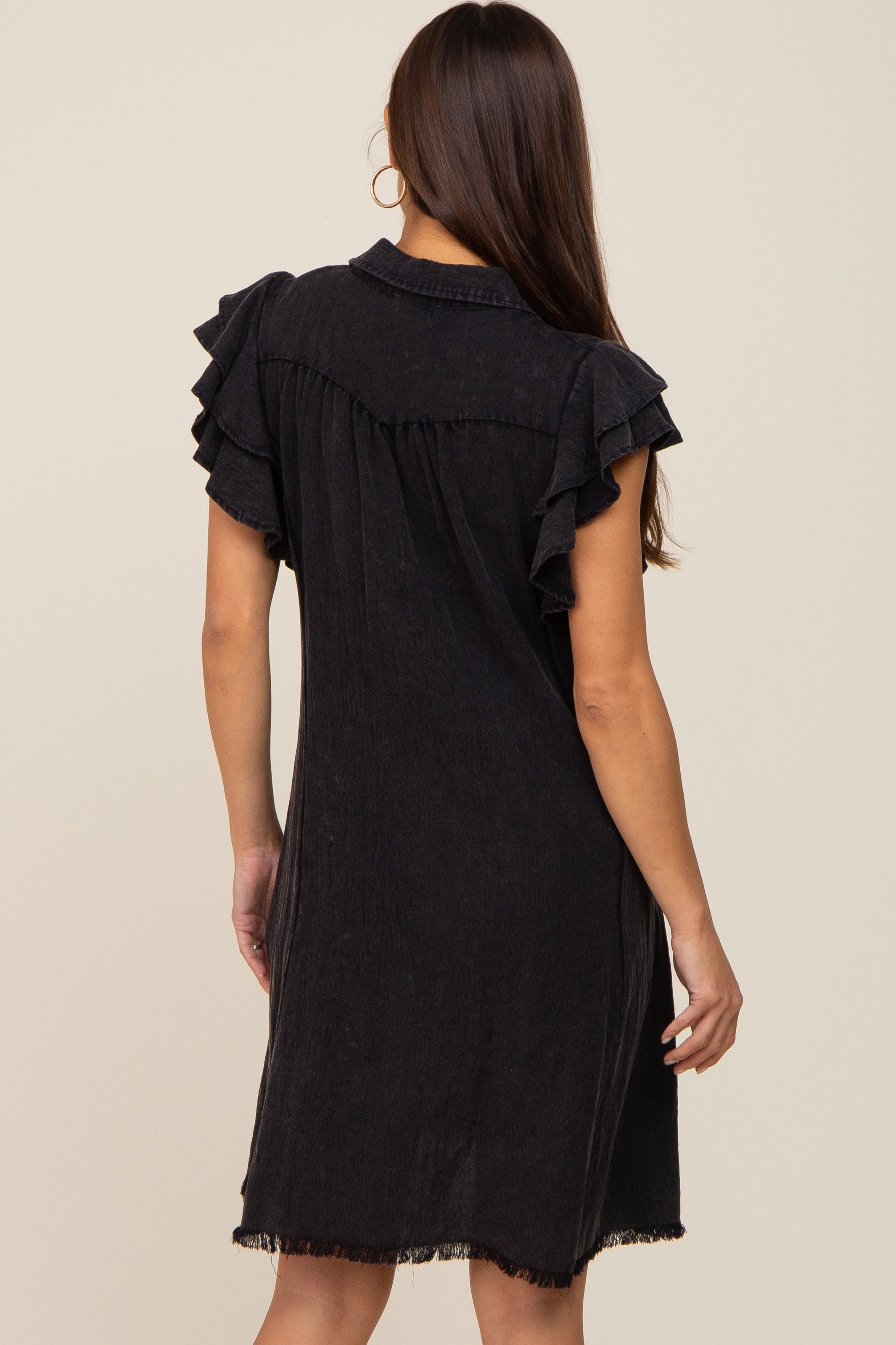 Black Chambray Ruffle Sleeve Button Up Maternity Dress sold by Pinkblush product image thumbnail 4