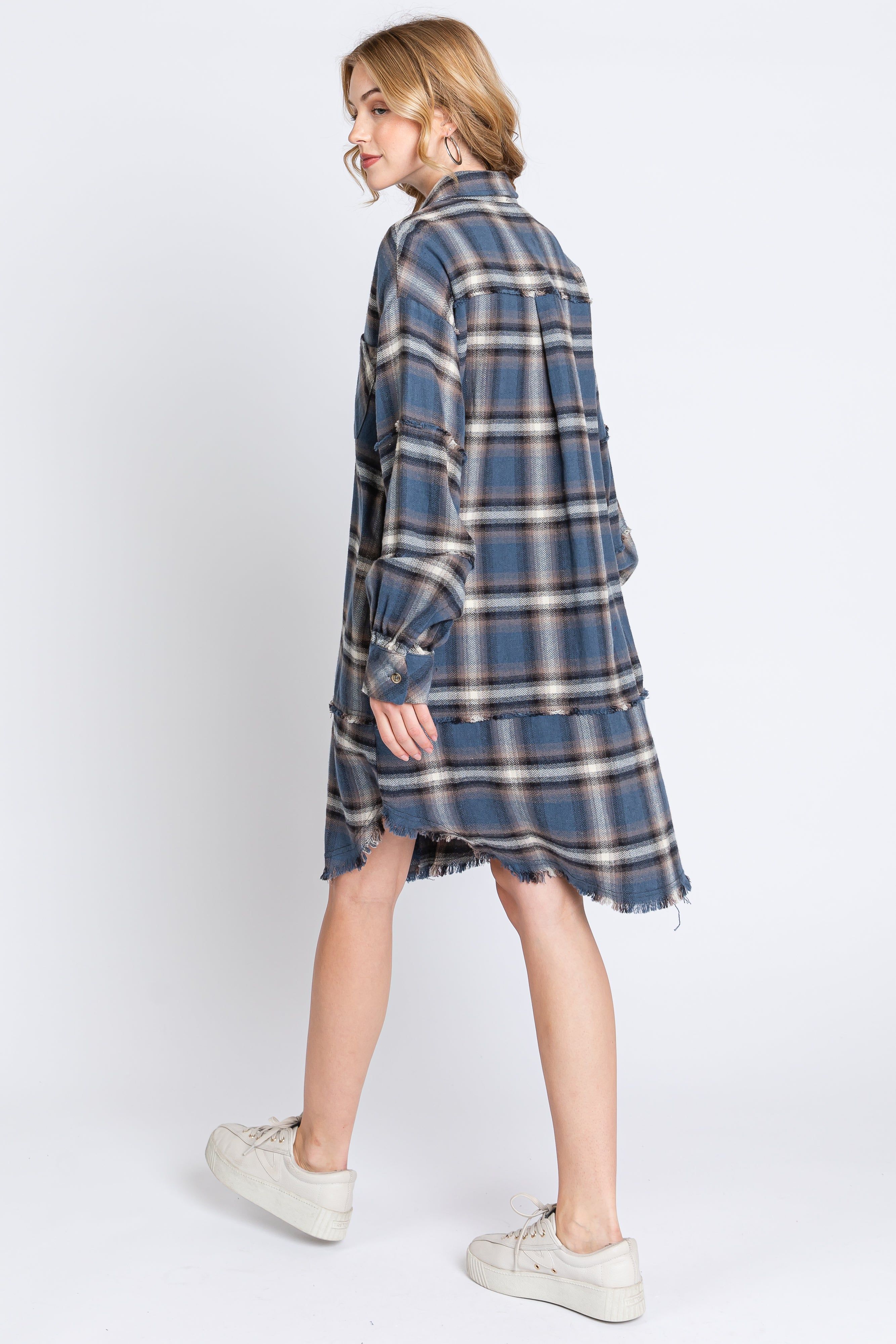 Blue Plaid Button Down Raw Hem Dress sold by Pinkblush product image thumbnail 3