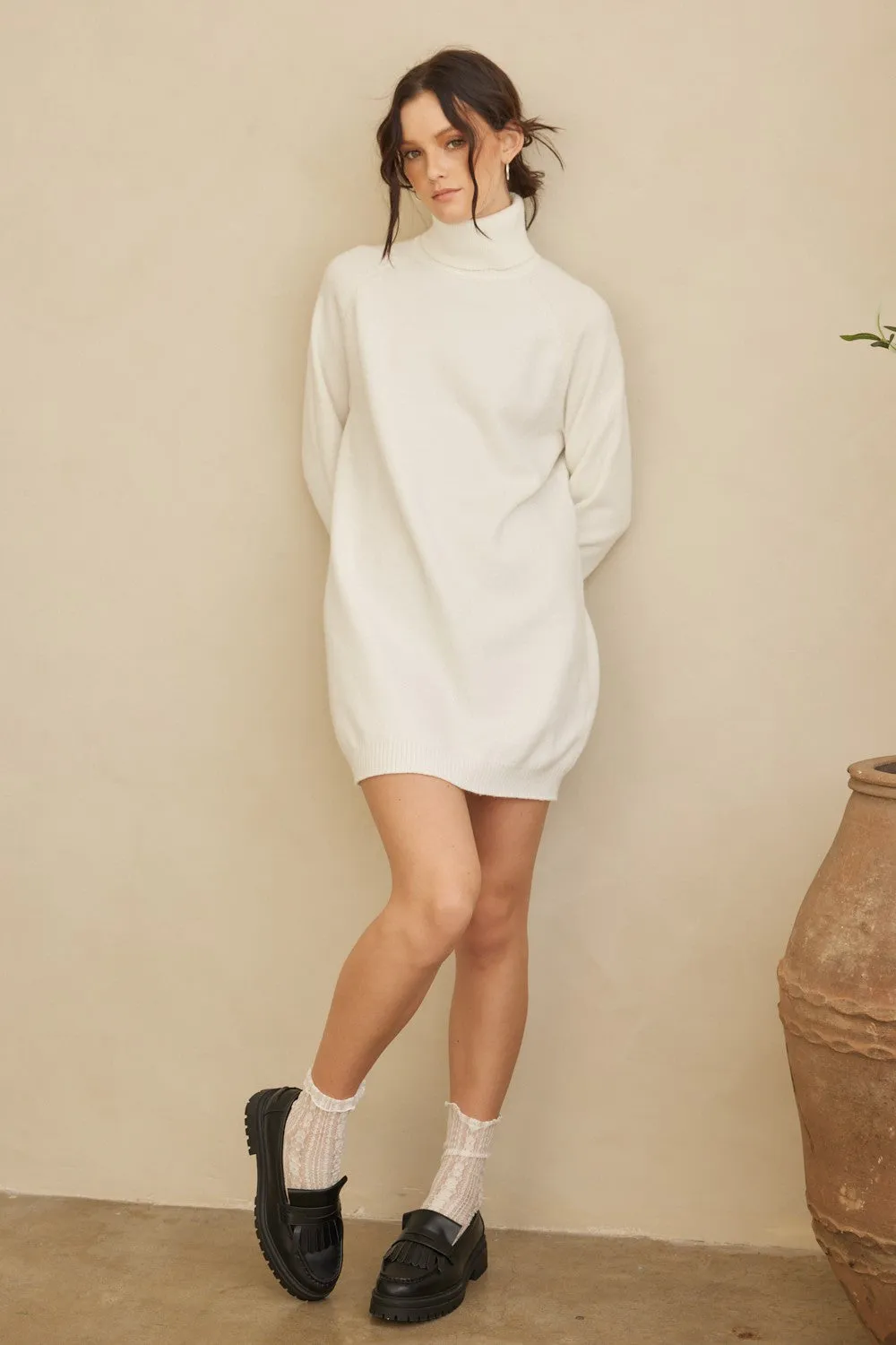 Cream Knit Long Sleeve Turtleneck Sweater Dress sold by Pinkblush