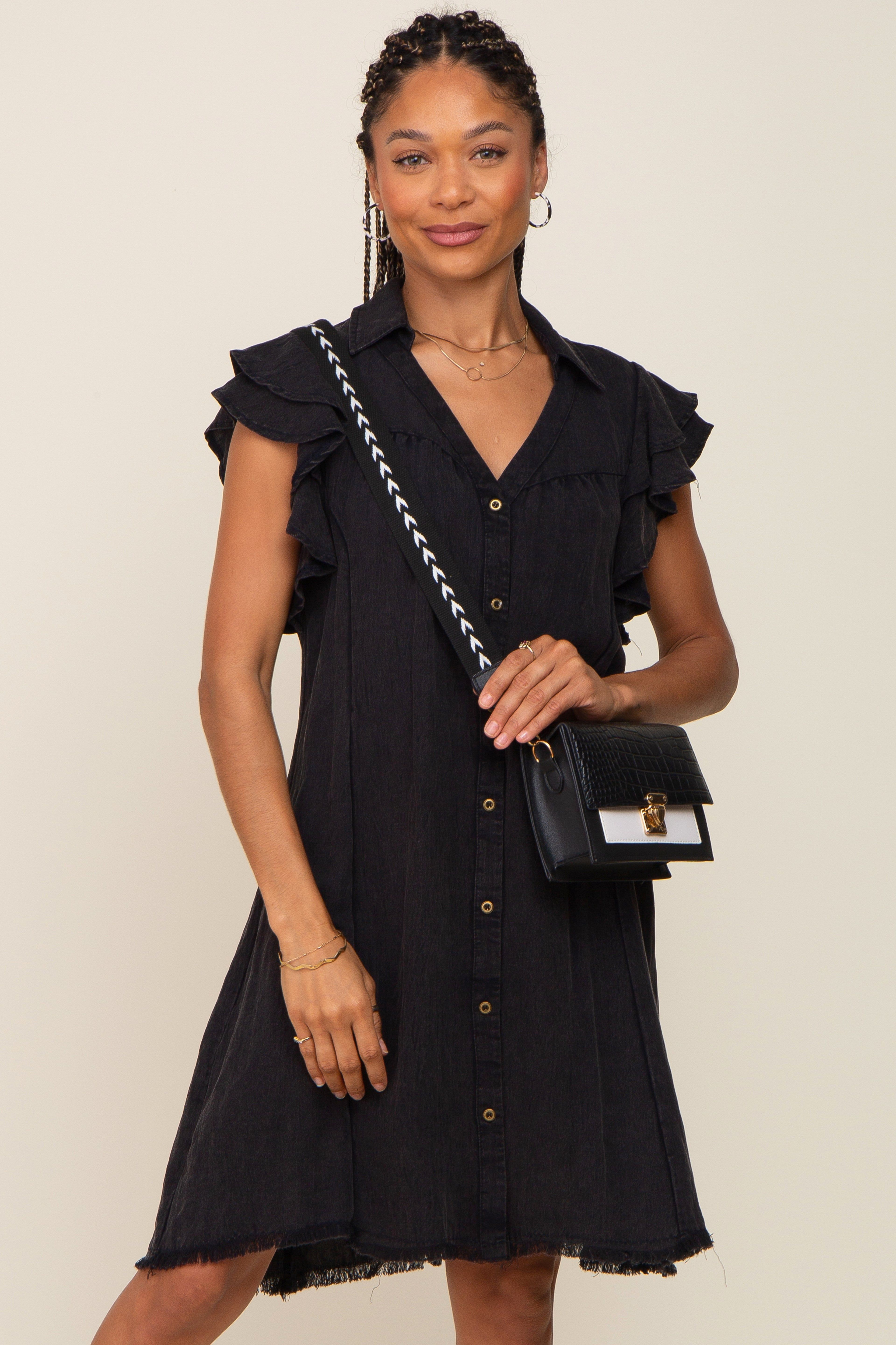 Black Chambray Ruffle Sleeve Button Up Maternity Dress sold by Pinkblush product image thumbnail 5