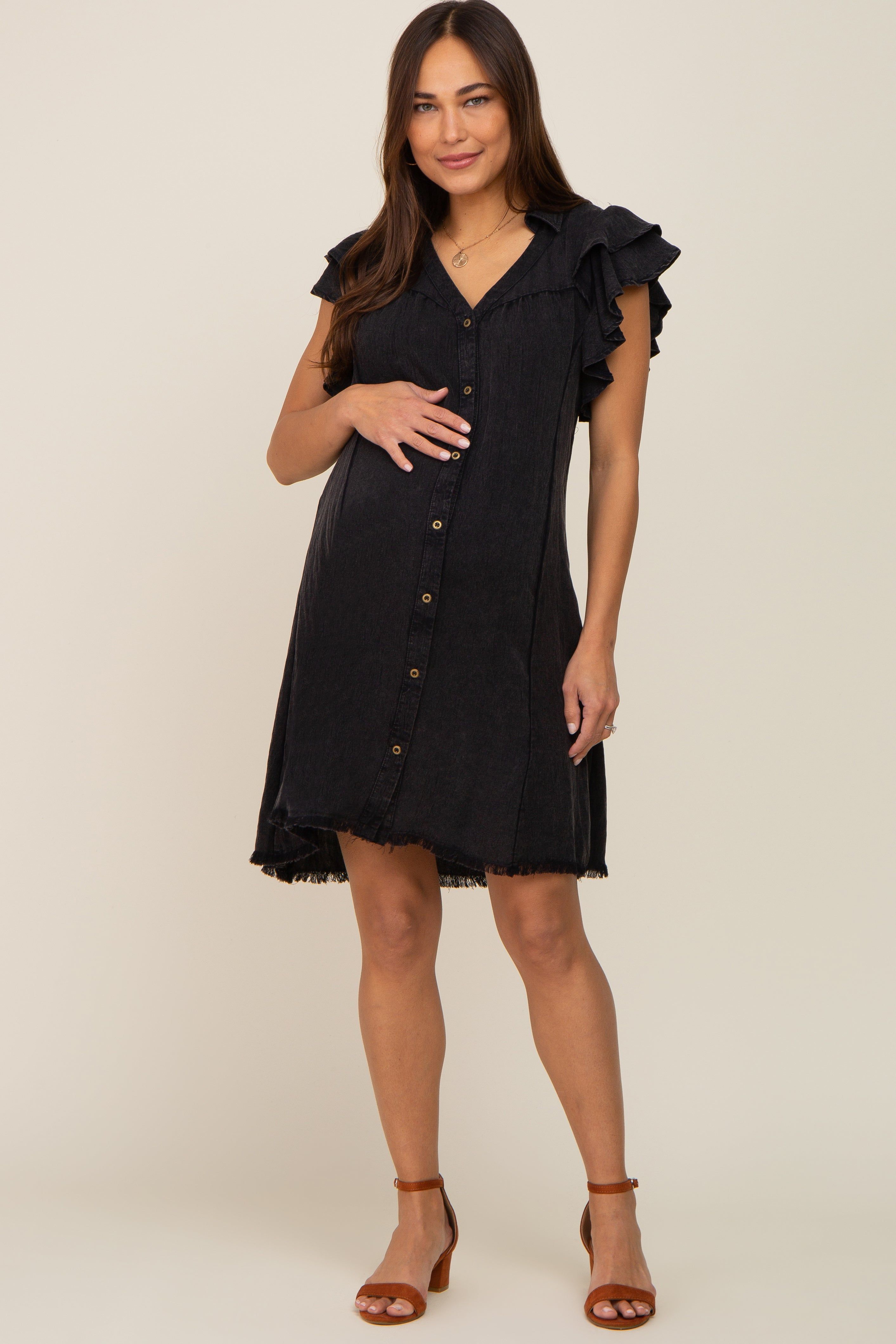 Black Chambray Ruffle Sleeve Button Up Maternity Dress sold by Pinkblush