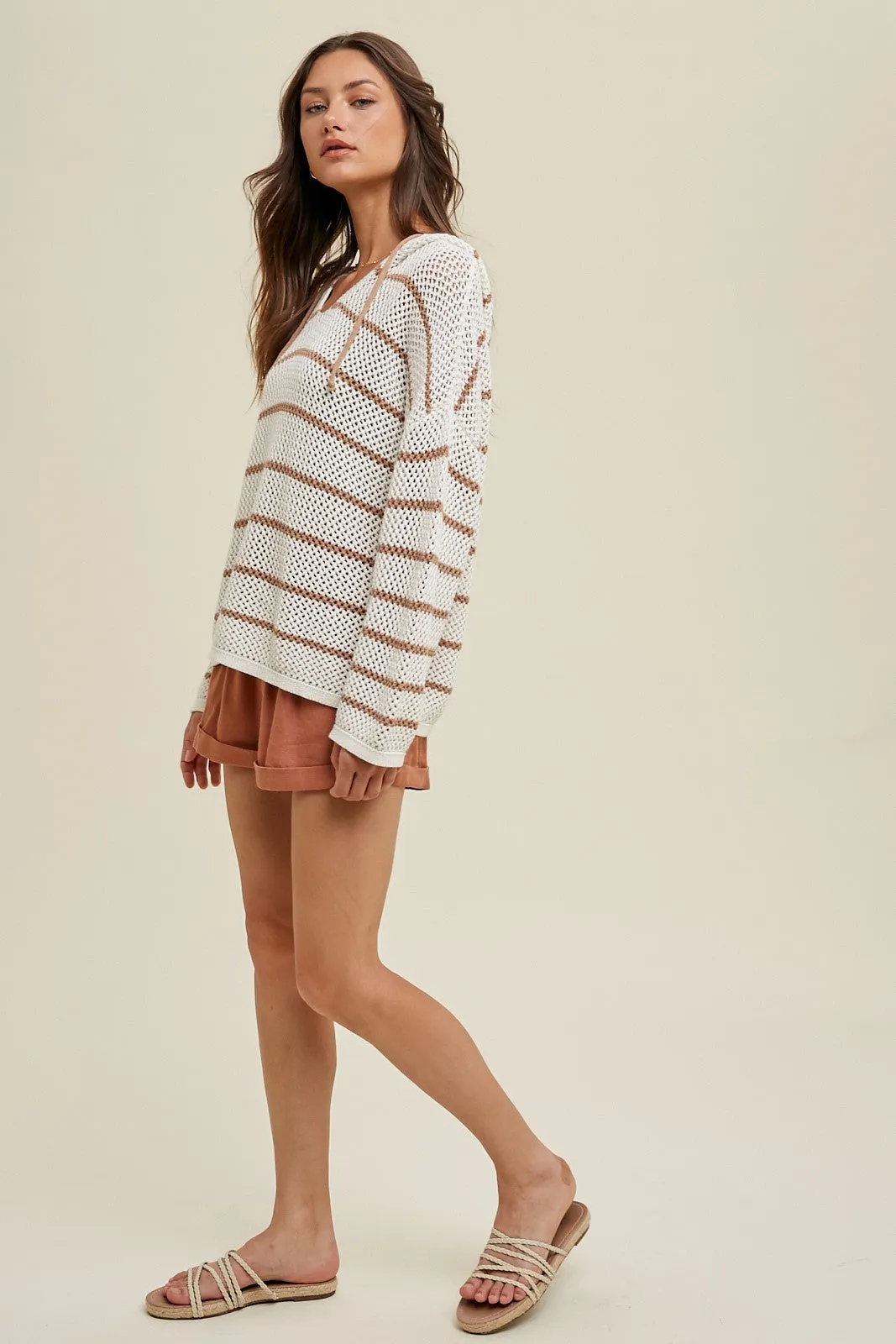 Cream Striped Open Knit Hooded Long Sleeve Top sold by Pinkblush product image thumbnail 3