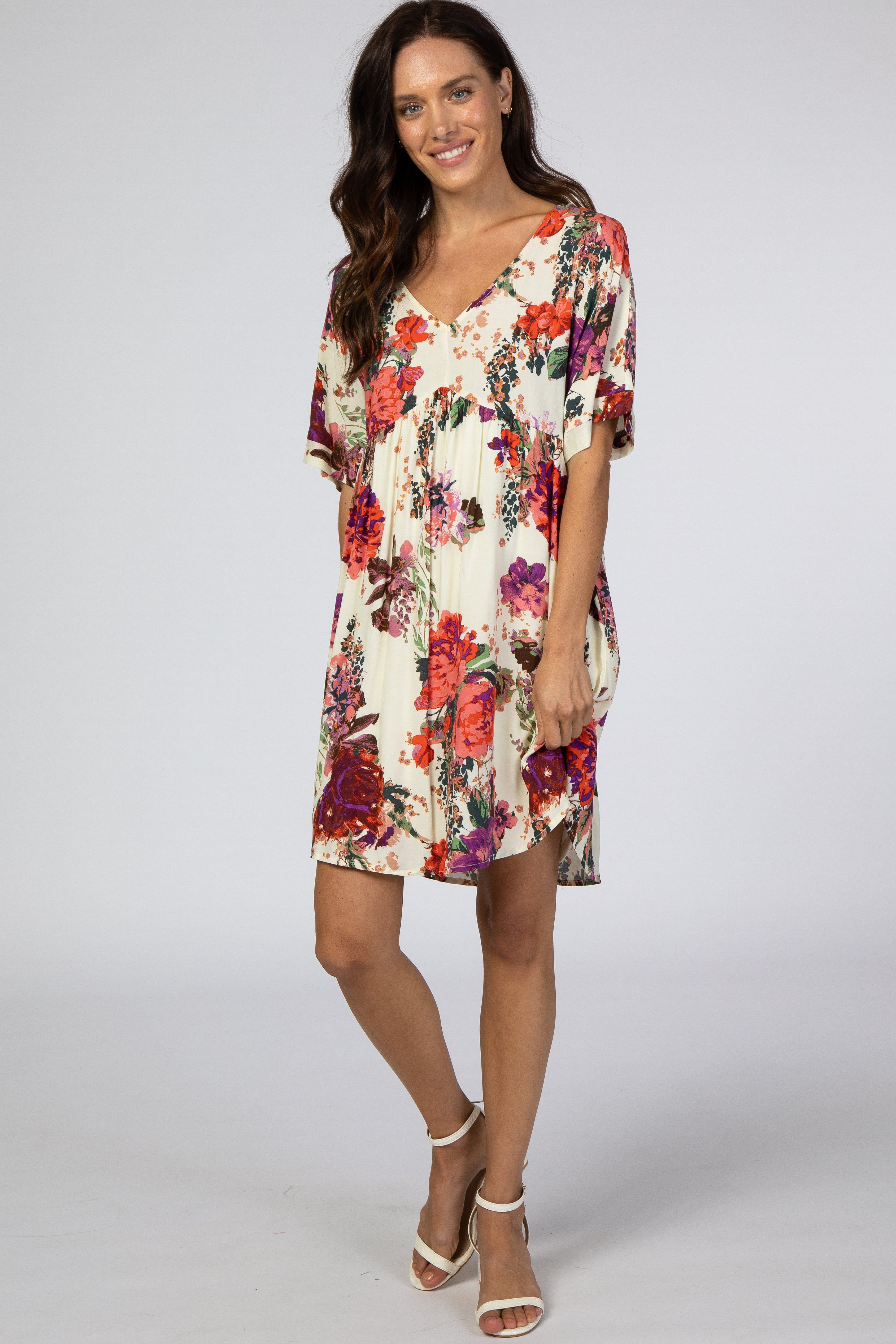 Ivory Floral Short Sleeve Dress sold by Pinkblush