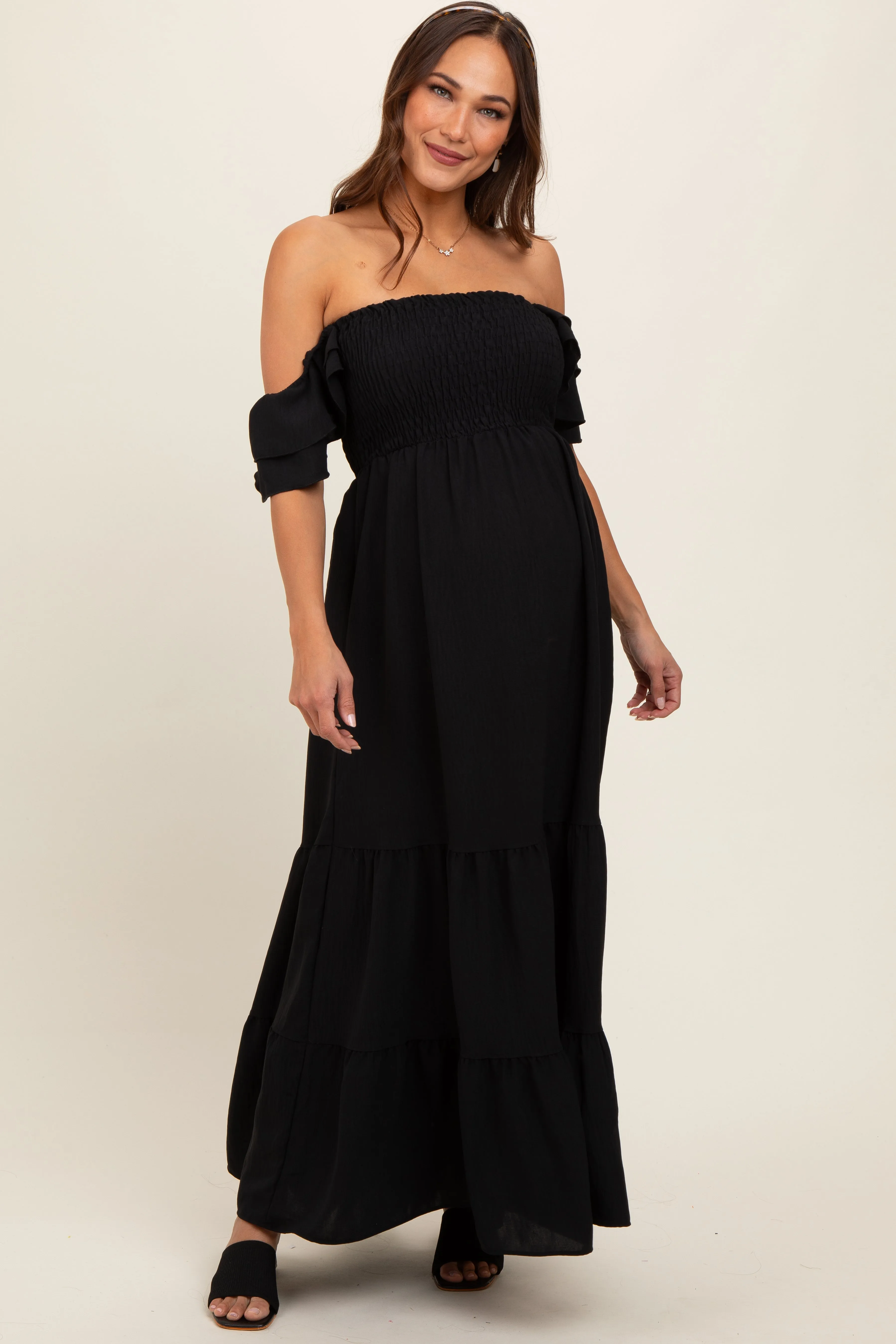 Black Smocked Ruffle Off Shoulder Tiered Maternity Maxi Dress sold by Pinkblush product image thumbnail 2