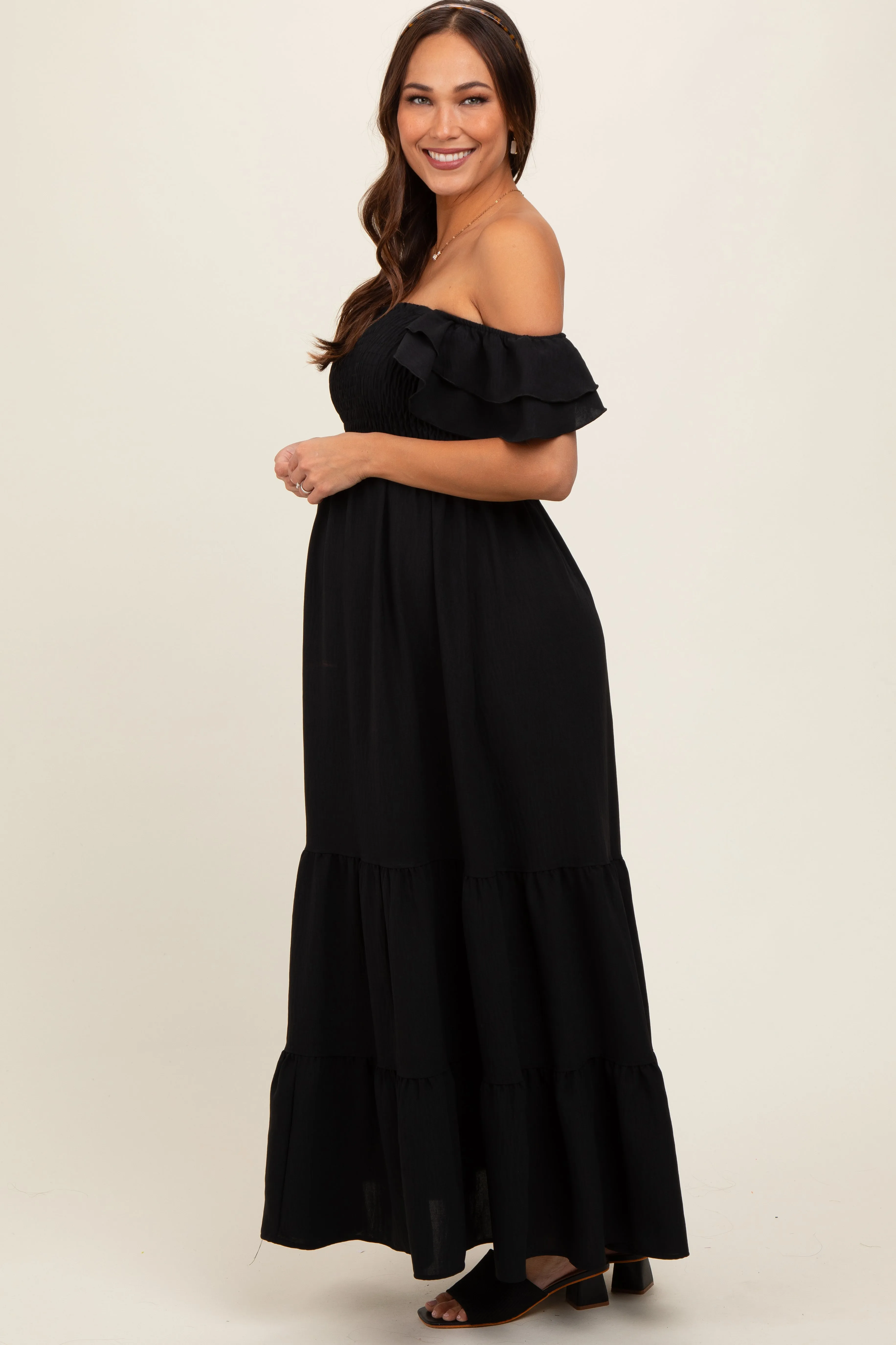 Black Smocked Ruffle Off Shoulder Tiered Maternity Maxi Dress sold by Pinkblush product image thumbnail 3