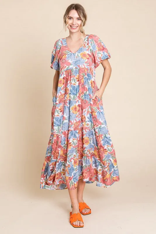 Mauve Floral Print Pocketed Midi Dress sold by Pinkblush