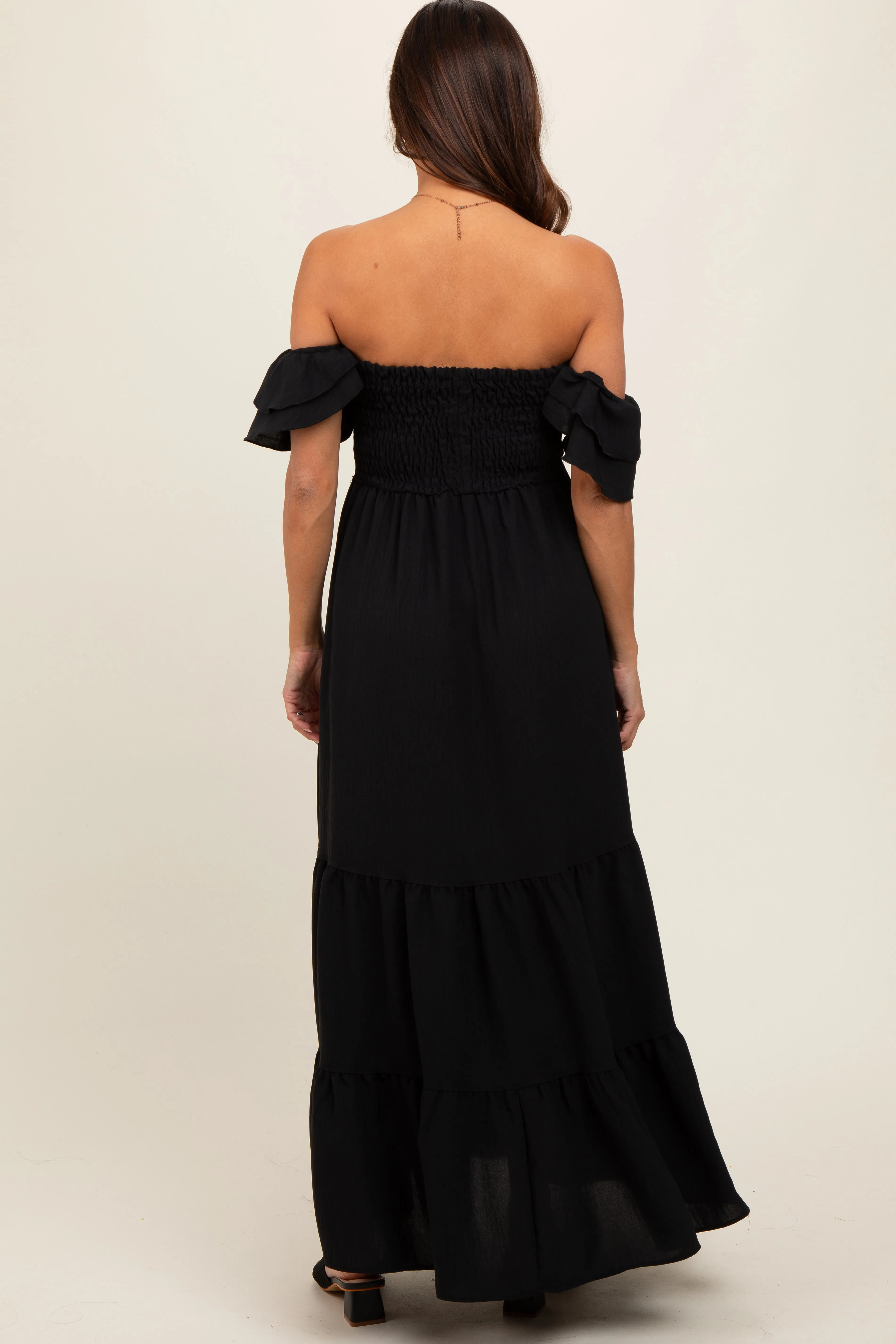Black Smocked Ruffle Off Shoulder Tiered Maternity Maxi Dress sold by Pinkblush product image thumbnail 4