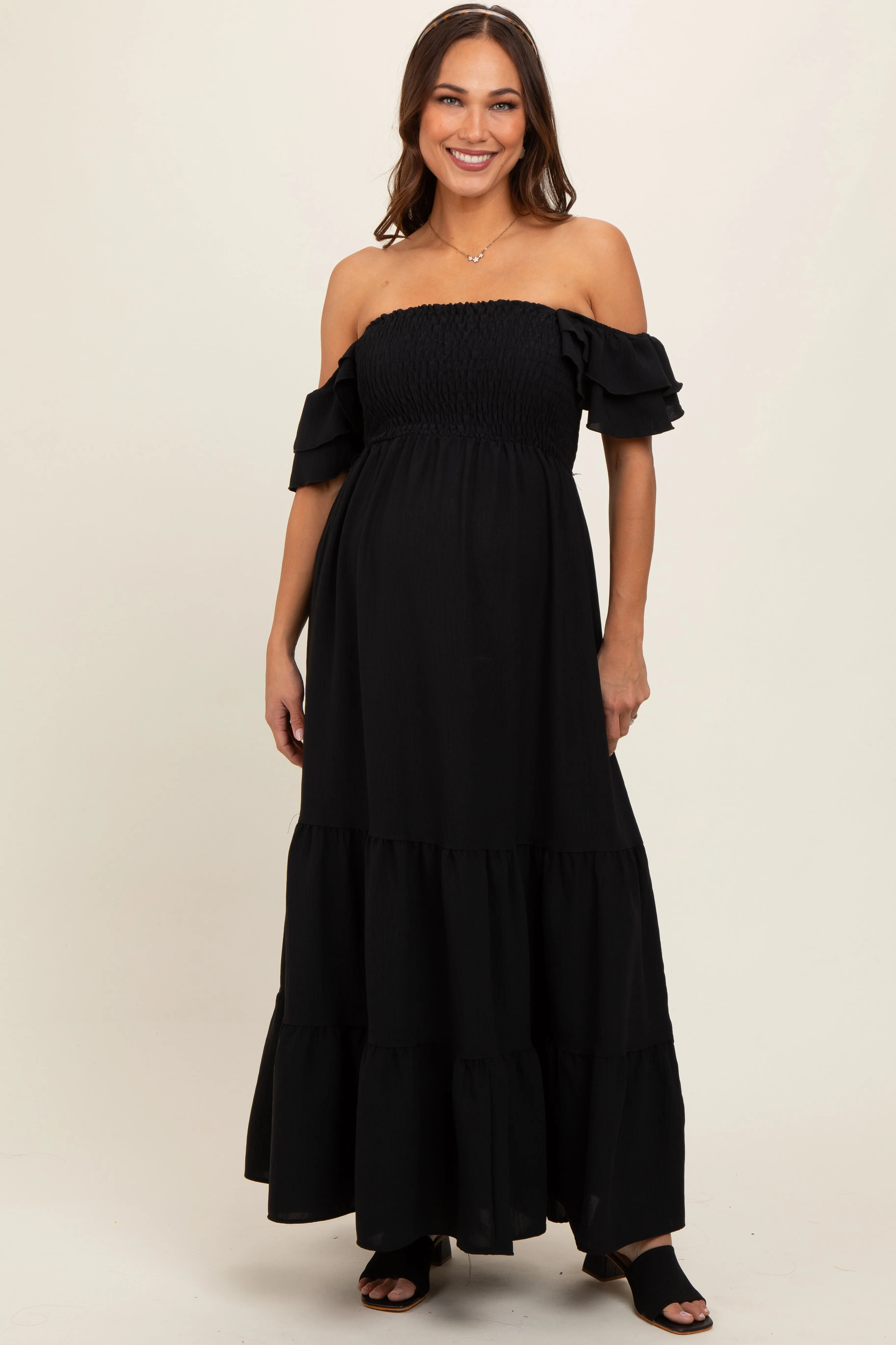 Black Smocked Ruffle Off Shoulder Tiered Maternity Maxi Dress sold by Pinkblush