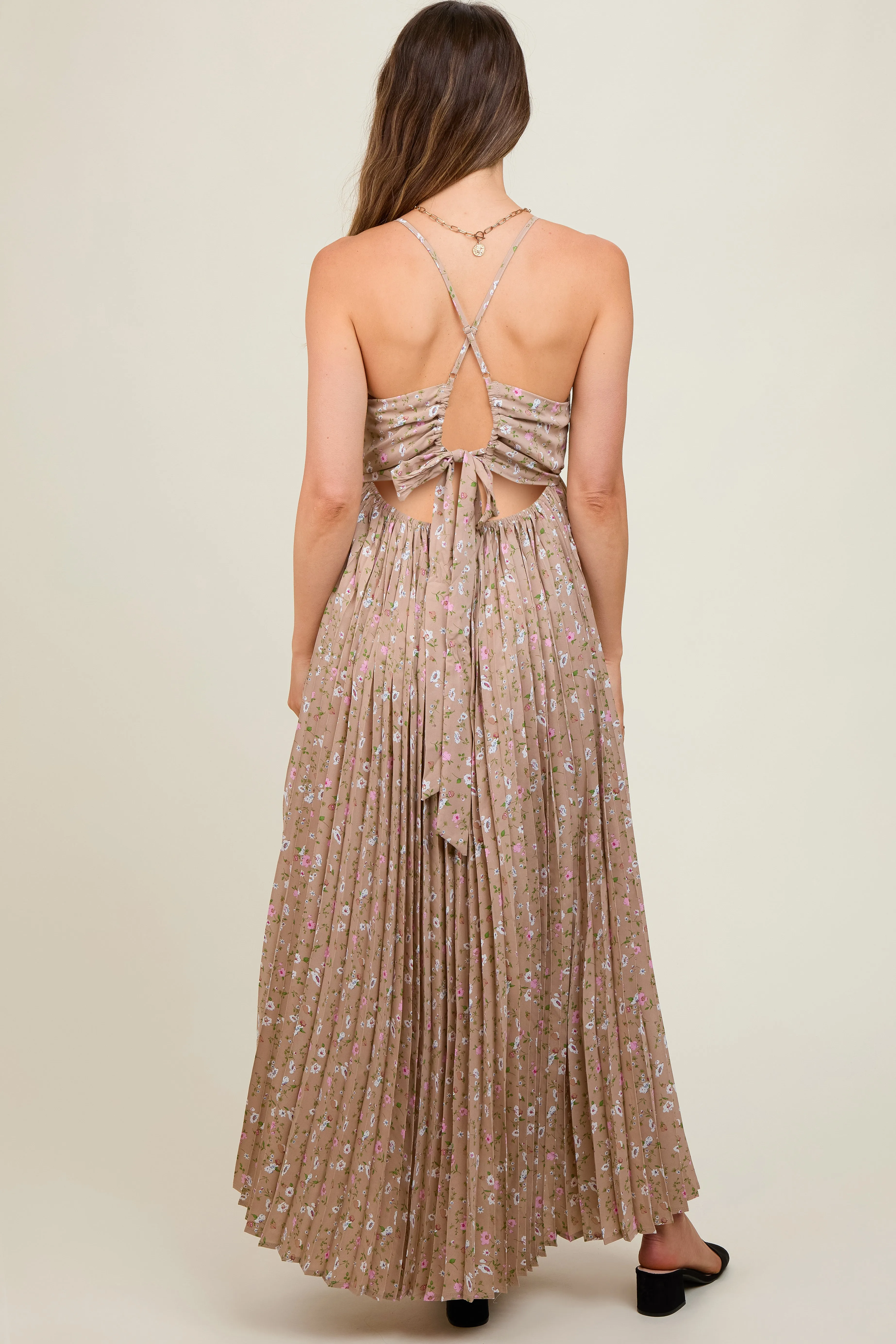 Mocha Floral Pleated Back Cutout Maternity Maxi Dress sold by Pinkblush product image thumbnail 4