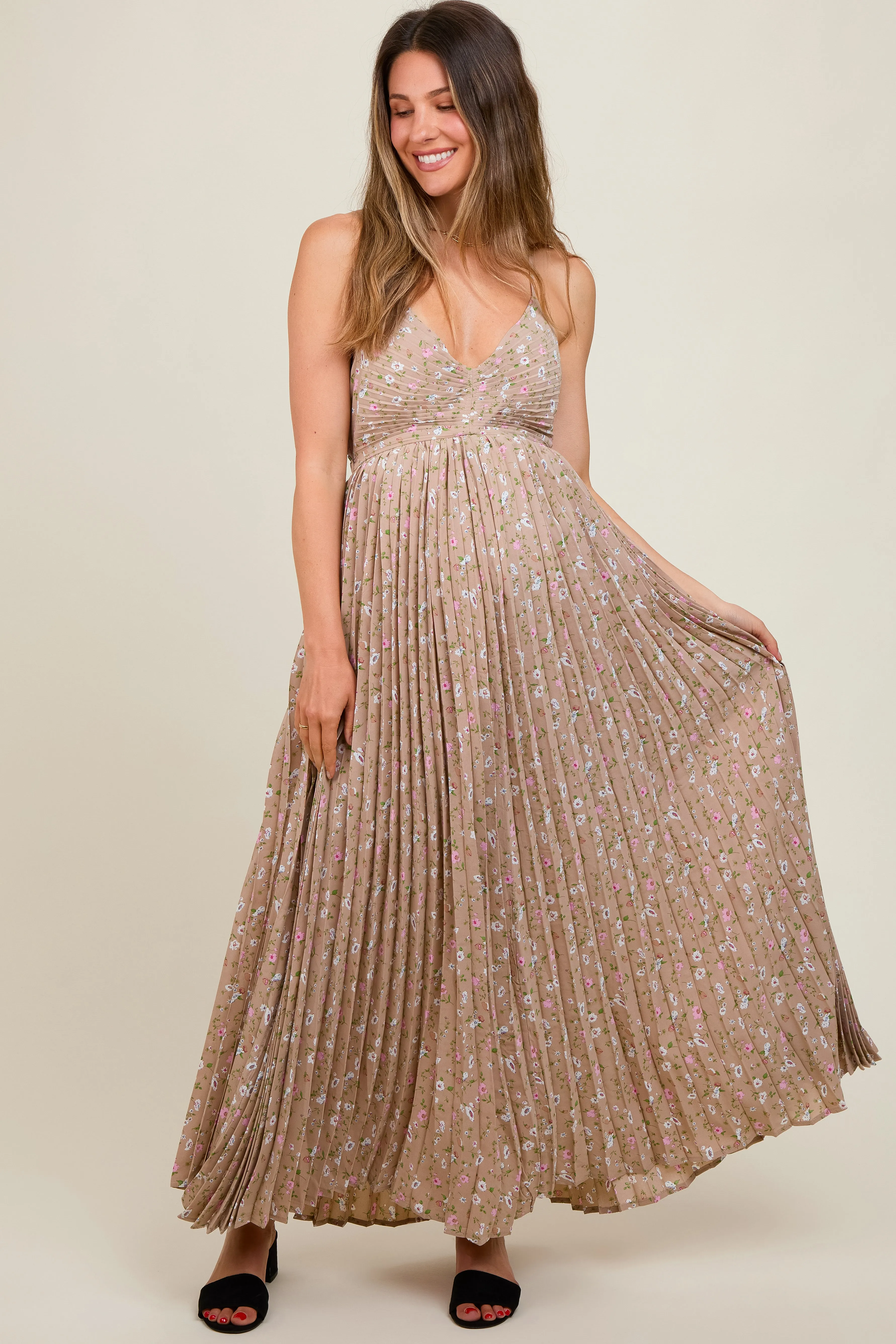 Mocha Floral Pleated Back Cutout Maternity Maxi Dress sold by Pinkblush