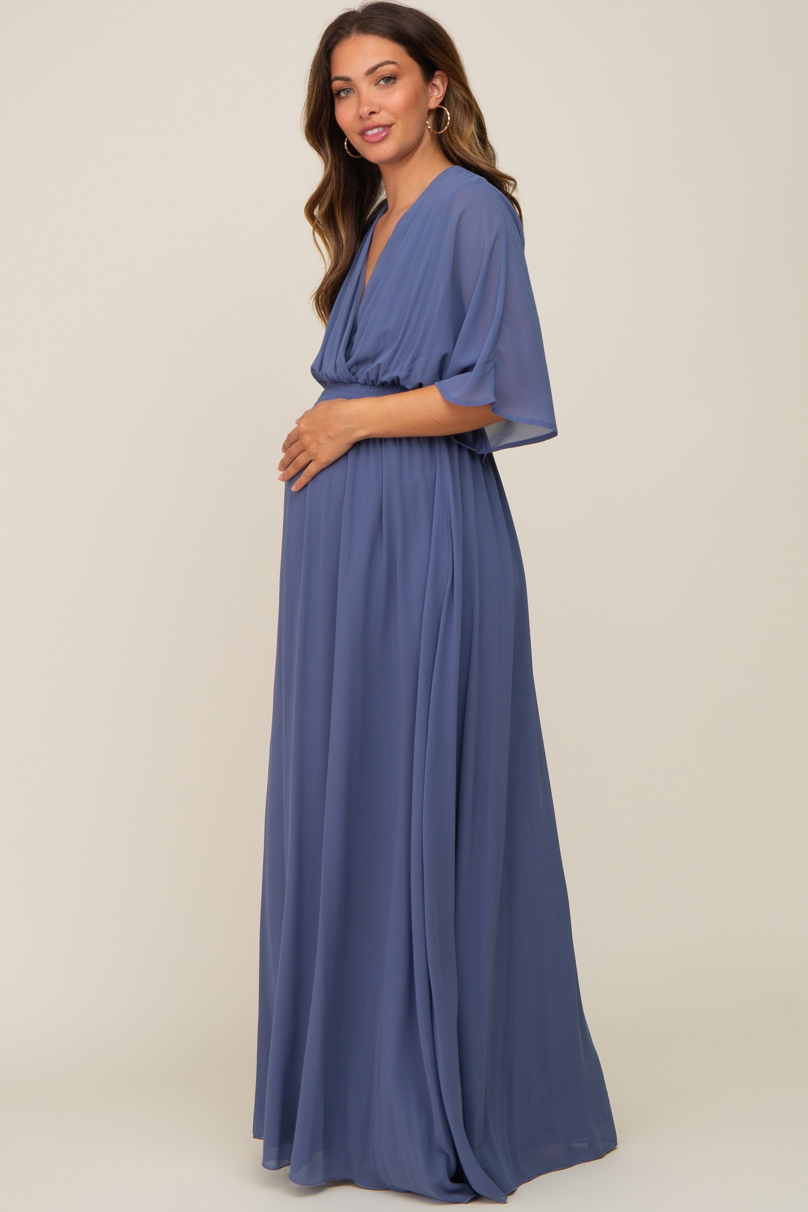 Navy Chiffon V-Neck Smocked Waist Maternity Maxi Dress sold by Pinkblush product image thumbnail 3